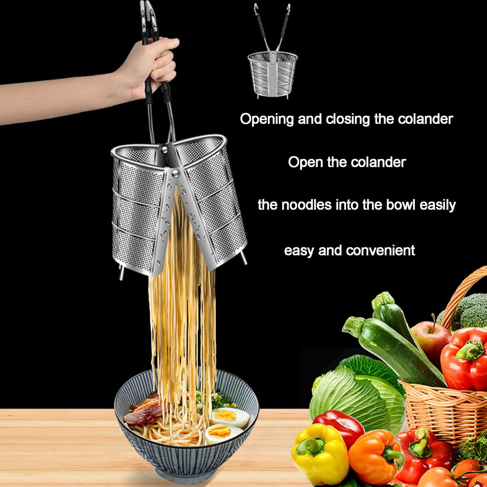 Cestello scolapasta in acciaio inox, con apertura e chiusura, per cucina, pasta, carne, verdura, inserti in rete con manico