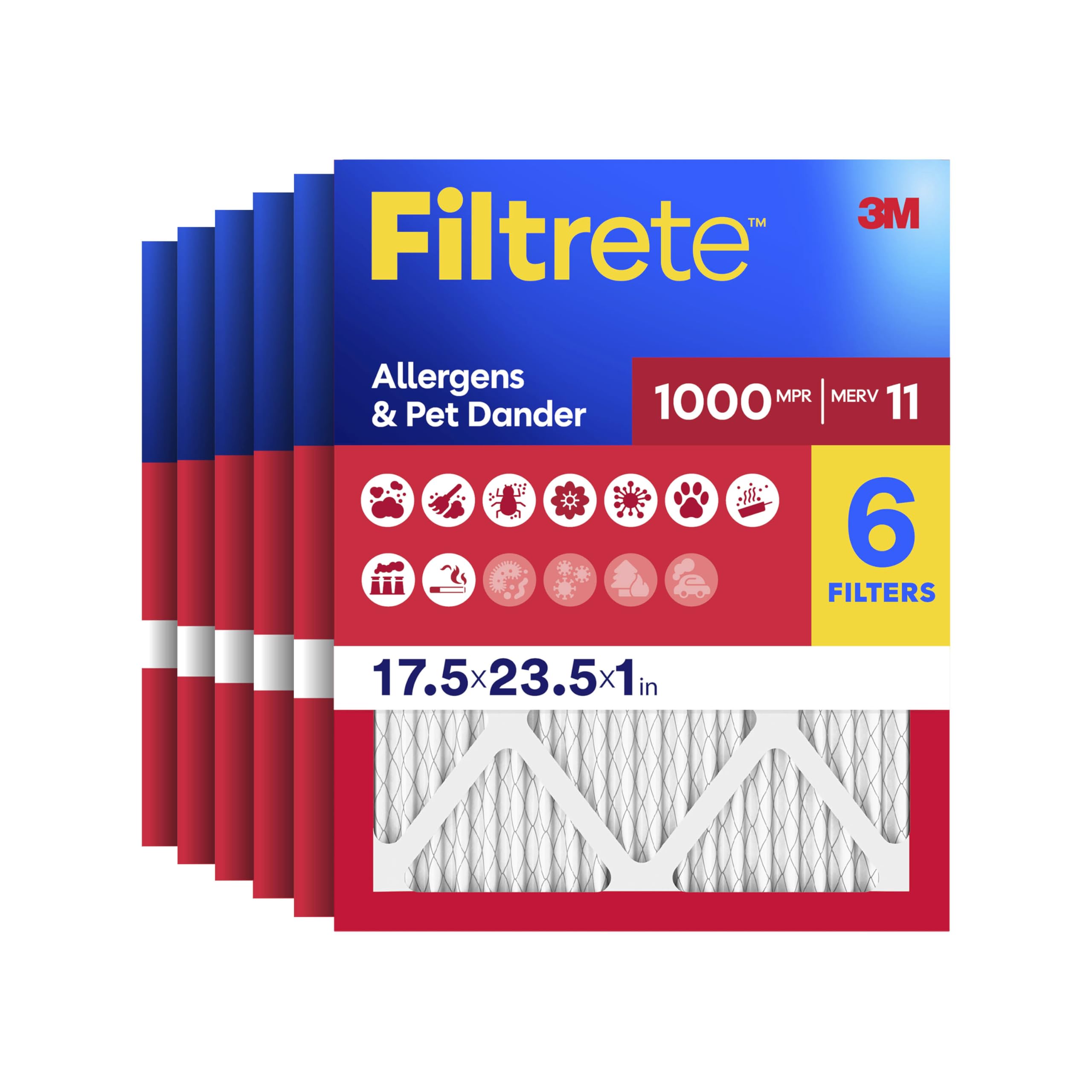 Filtrete 17.5x23.5x1 AC Furnace Air Filter, MERV 11, MPR 1000, Micro Allergen Defense, 3-Month Pleated 1-Inch Electrostatic Air Cleaning Filter, 6 Pack (Actual Size Pack 17.19x23.19x0.81 in)
