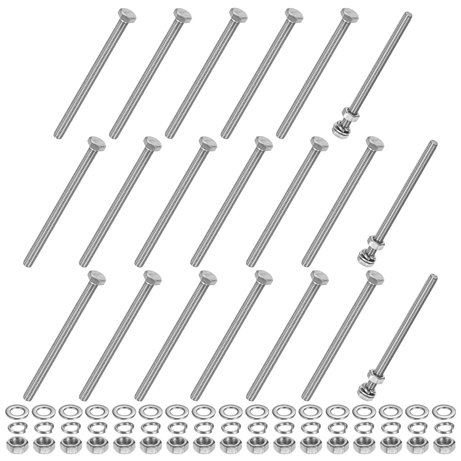 M METERXITY 20-Pack Hex Head Screw Bolt with Nuts Flat & Lock Washers M6x90mm Stainless Steel Bolts and Nuts Kit Fully Threaded Metric Bolt Assortment for Equipment/Machinery
