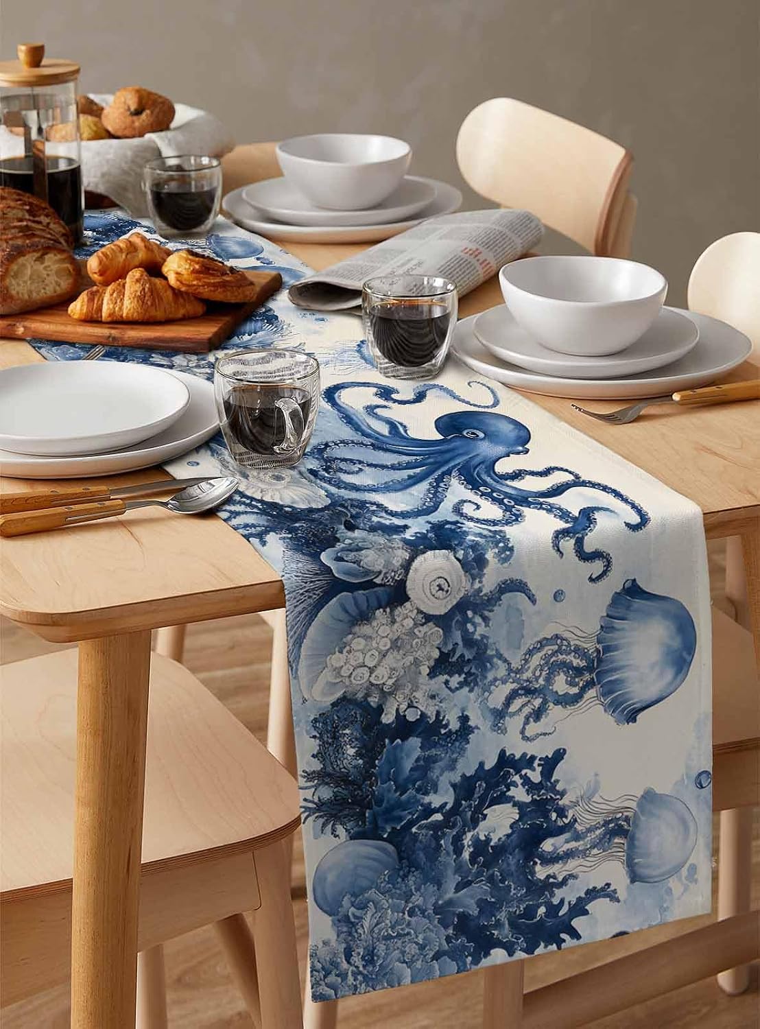 Navy Blue Octopus Table Runner 72 Inches Long for Dining Table Decor, Summer Beach Shell Coral Burlap Linen Farmhouse Coffee Tablerunner Washable Dresser Scarf for Kitchen Party Holiday