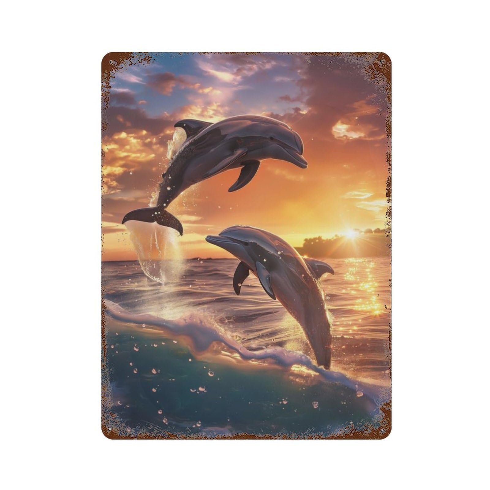 Dolphin Sunset Dance Decorative Tin Sign 15.7"x11.8", Retro Wall Decor for Living Room, Hallway And Home Decor