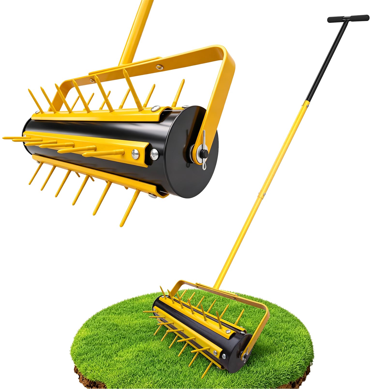 LIROPAU Rasenlüfter Walze, Rasenbelüfter Manuell, Handvertikutierer Rollend mit 36 Nägeln 5.8cm & T-Griff, Rasenbelüfter Gartenwalze, Vertikutierer Rasenwalze für Garten, Hof, Terrasse, 146 x 40cm