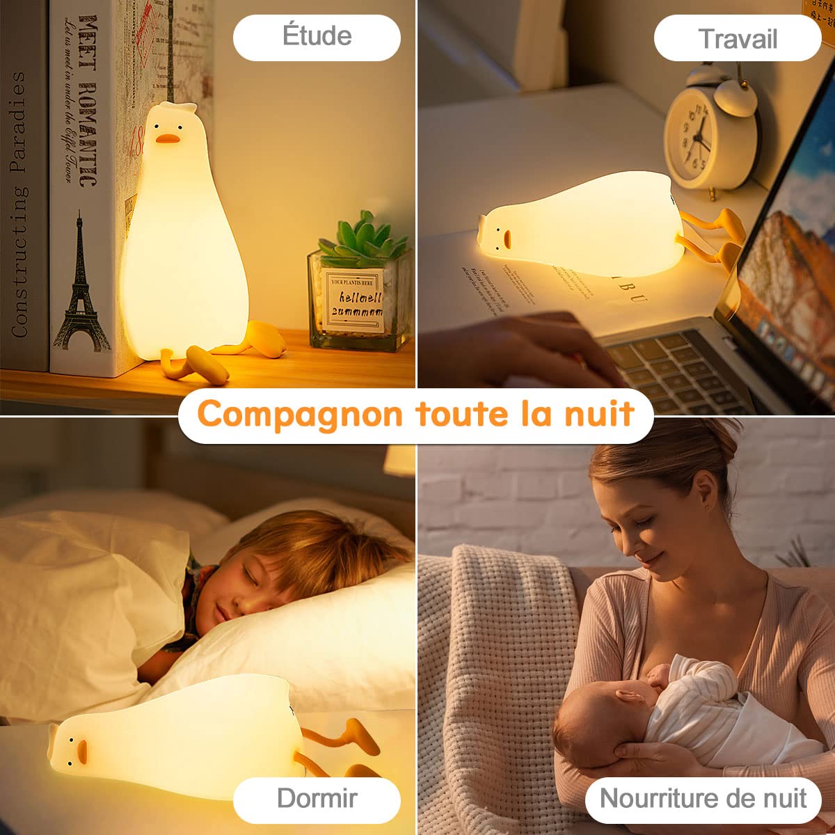 FAMIDUO Luce Notturna Bambini, Sdraiata Anatra Lampada Led Ricaricabile, Neonato Accessori Utili Camera Da Letto, Lampada Comodino, Regalo Neonata Femmina, Luminosità Regolabile, Tempismo Di 30 Minuti