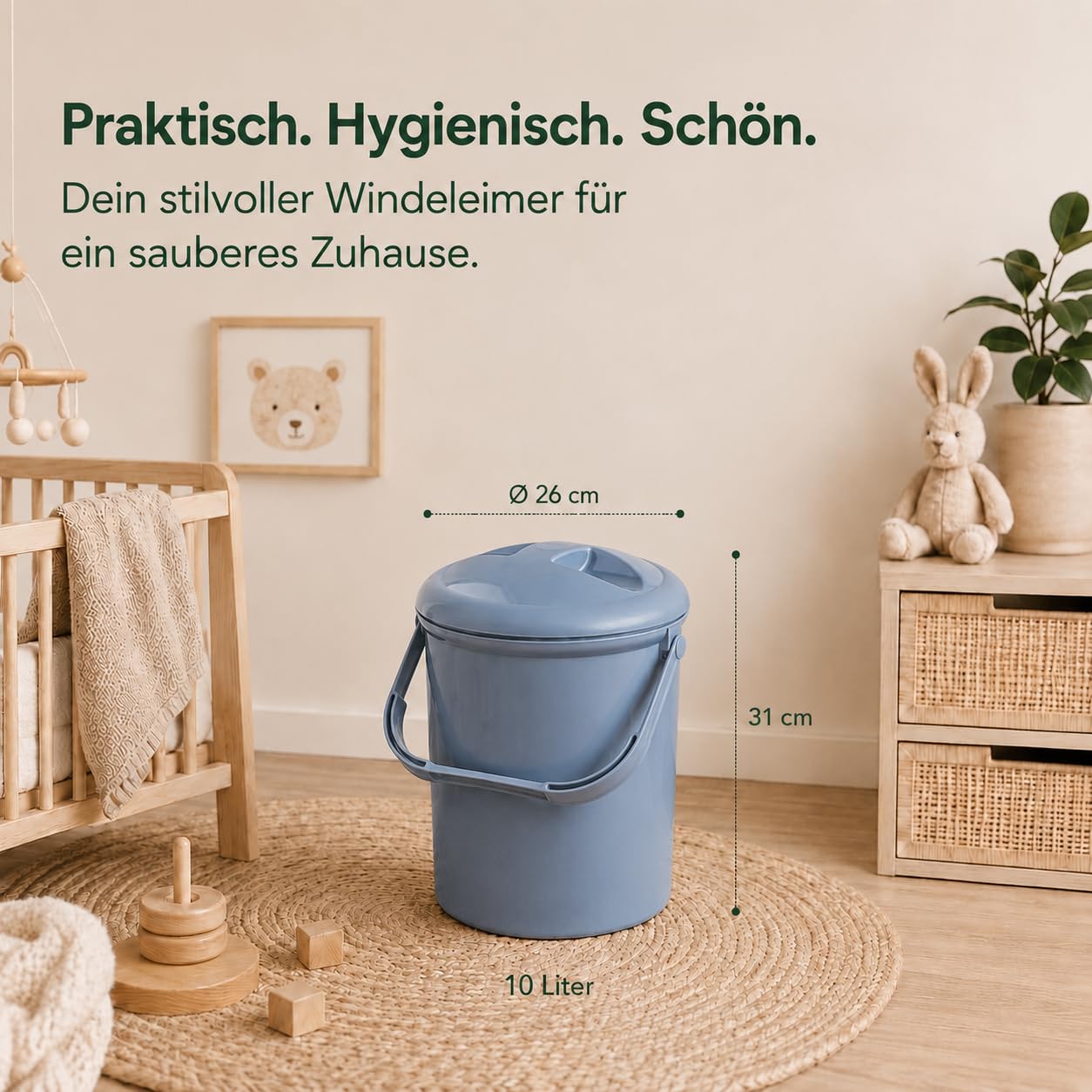 Pojemnik na pieluchy Rotho Babydesign Bella Bambina - odporny na zapachy pojemnik na pieluchy wykonany z plastiku pochodzącego z recyklingu, higieniczny i przyjazny dla środowiska, niebieski
