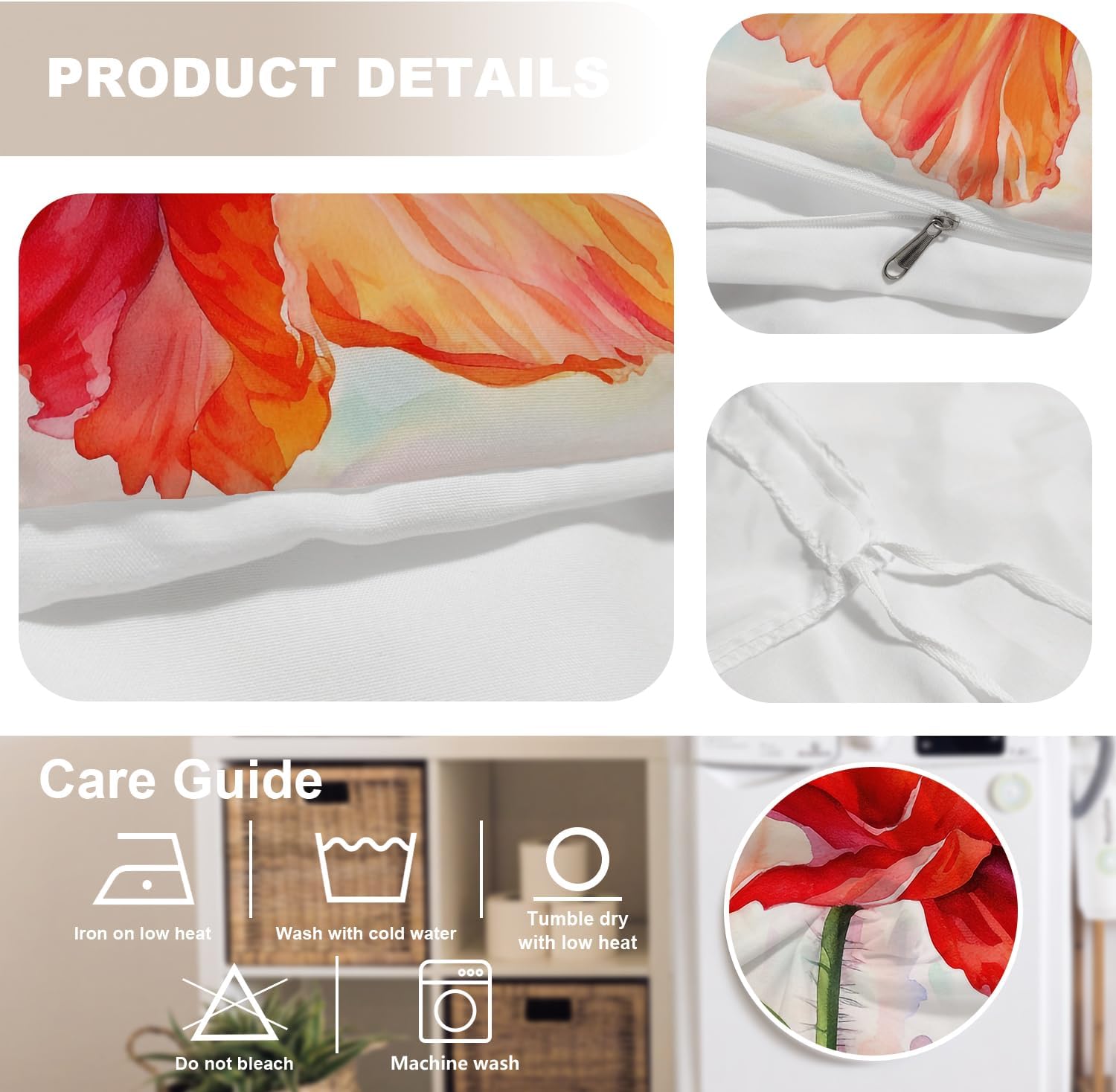 Watercolor Poppy Flower Duvet Cover Set King Size, 3 Pieces Summer Beautiful Red Orange Seasonal Floral 100% Cotton Bedding Set Hotel Quality Comforter Cover Set with 2 Pillowcases(No Filler)