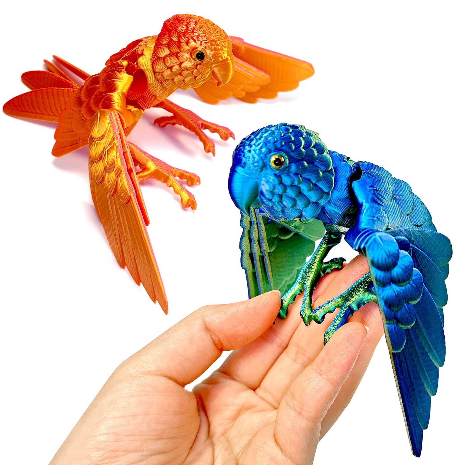 AQXYTK 2 Pack 3D Printed Parrot Figurines, 4 Inch Movable Joints Parrot Decor, Fantasy Bird Sculptures, Fidget Stress Relief for Autism/ADHD, Tropical Garden Gifts