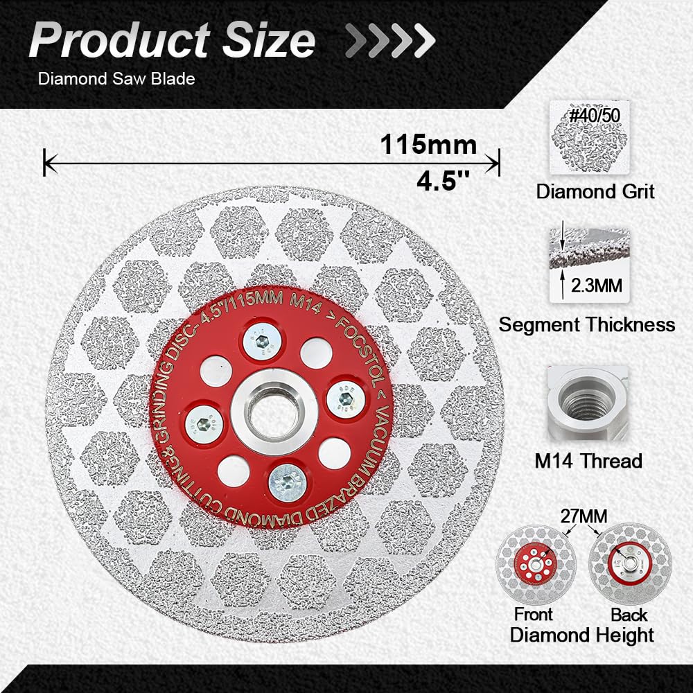 FOCSTOL Disco Diamante 115mm - 5 piezas Doble Lado Disco de Corte y Molienda para Porcelánico Cerámica Mármol Cuarzo para Amoladora Angular