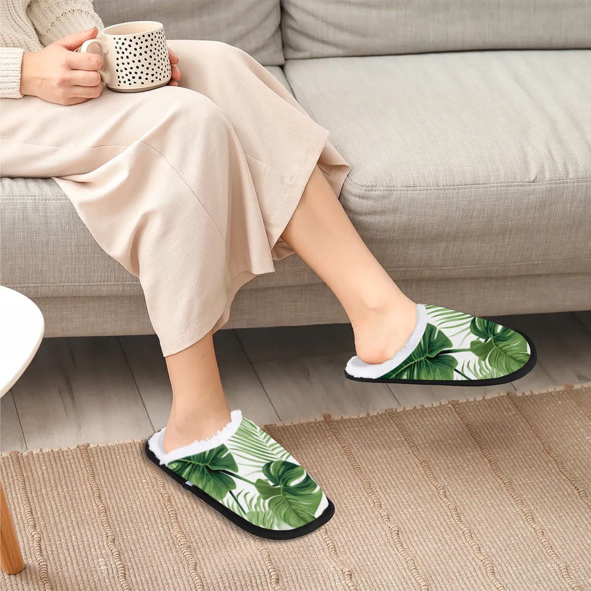 Hsnar Green Palm Leaf Slippers for Women Soft Non-Slip Indoor Slippers Home Slippers for Bedroom Hotel Travel Spa, L