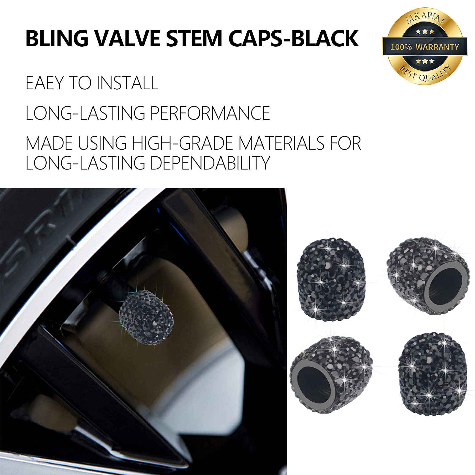 Sikawai Bling Valve Stem Caps Black Sparkling Handmade Crystal Rhinestone Universal Car Tire Valve Caps Chrome Attractive Dustproof — view 7