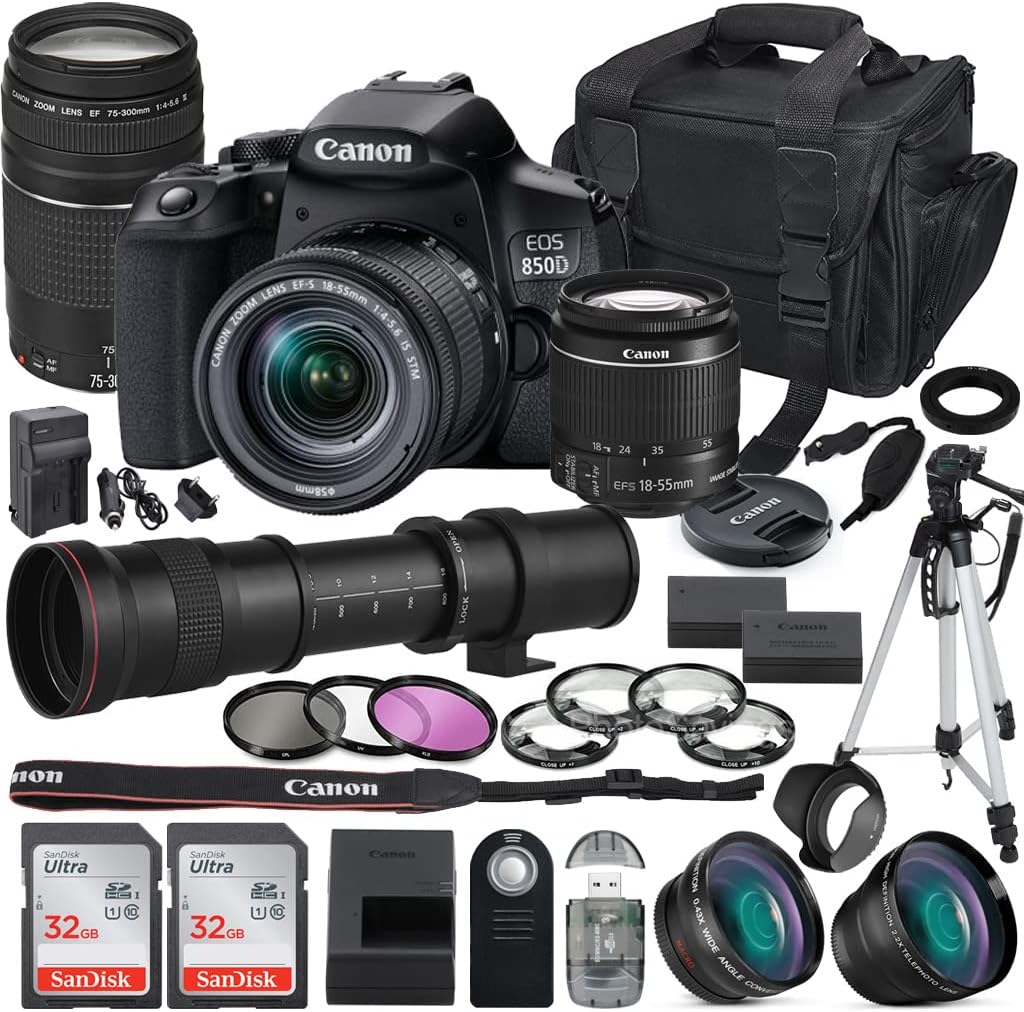 Canon EOS 850D (Rebel T8i) DSLR Camera with 18-55mm & 75-300mm Lens Bundle + 420-800mm MF Zoom Lens + 2X 32GB Sandisk Memory & More (Renewed)
