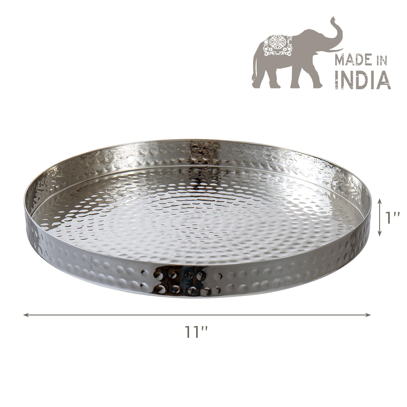 MyGift Plateau Décoratif Rond En Argent Martelé De 27,9 Cm – Plateau De Service Et Plateau De Courtoisie Plaqué Aluminium – Fabriqué à La Main En Inde