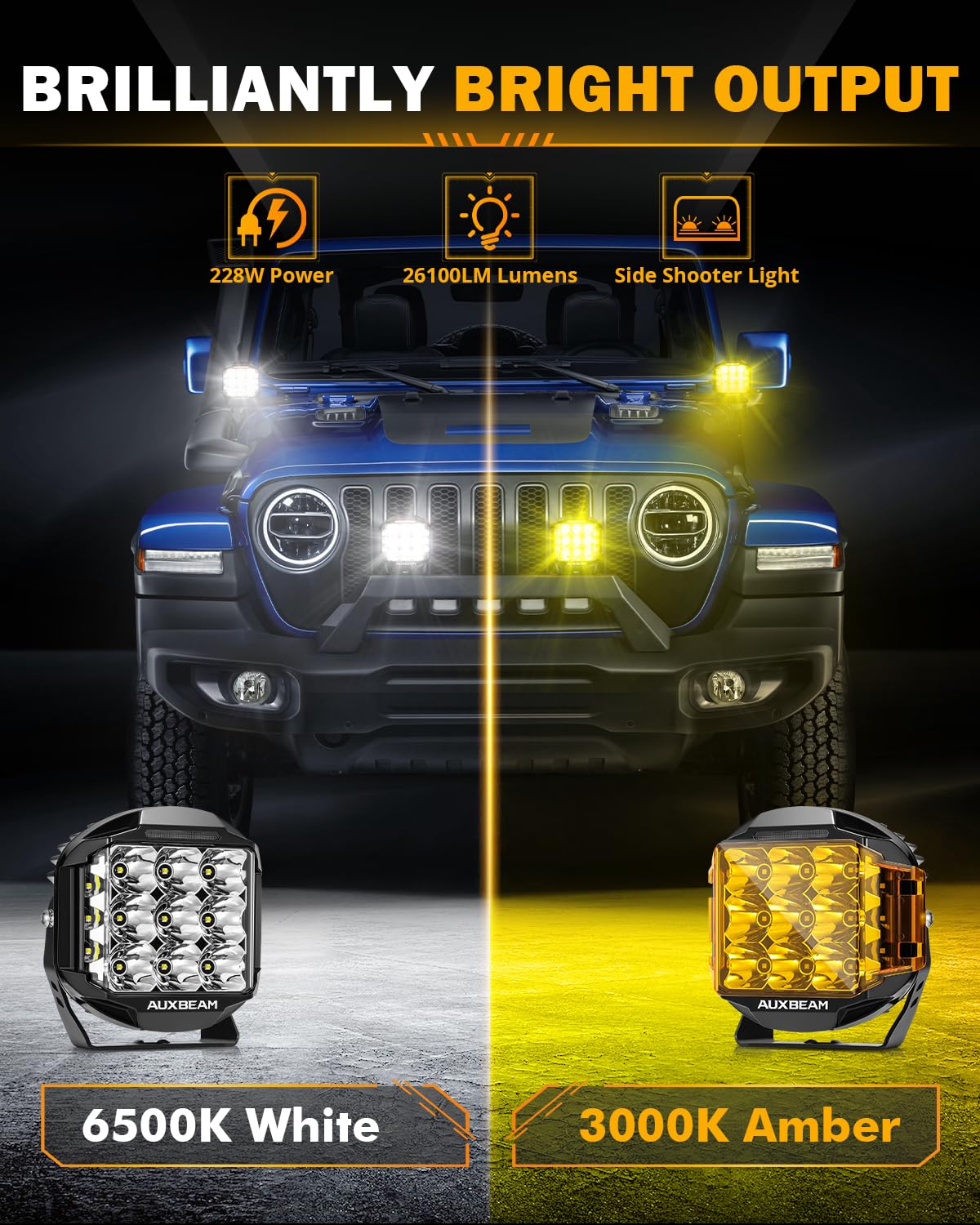 Auxbeam 7 Inch LED Pod Lights, 228W Super Bright Driving Side Shooter Lights with Amber DRL & Backlight, 270° V-MAX Series Cube Spot Flood Combo Work Spotlights Pod with Cover for Trucks SUV UTV ATV