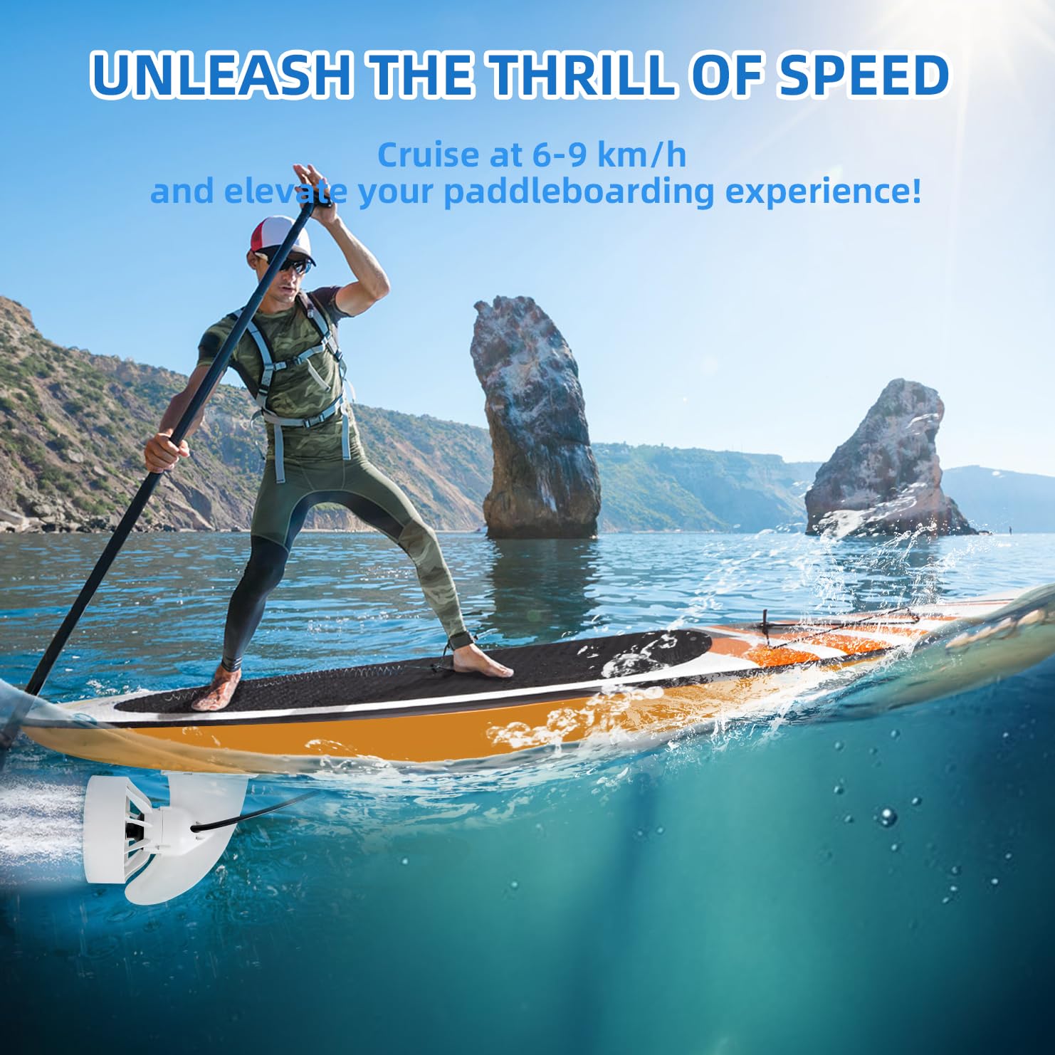 Underwater Thruster for Paddleboard Kayak Boat, 24V/380W Electric Fin with 45-Min Runtime, Waterproof Brushless Motor 3-Blade Propeller, 6-9 km/h Speed, with RC and Adapter Base