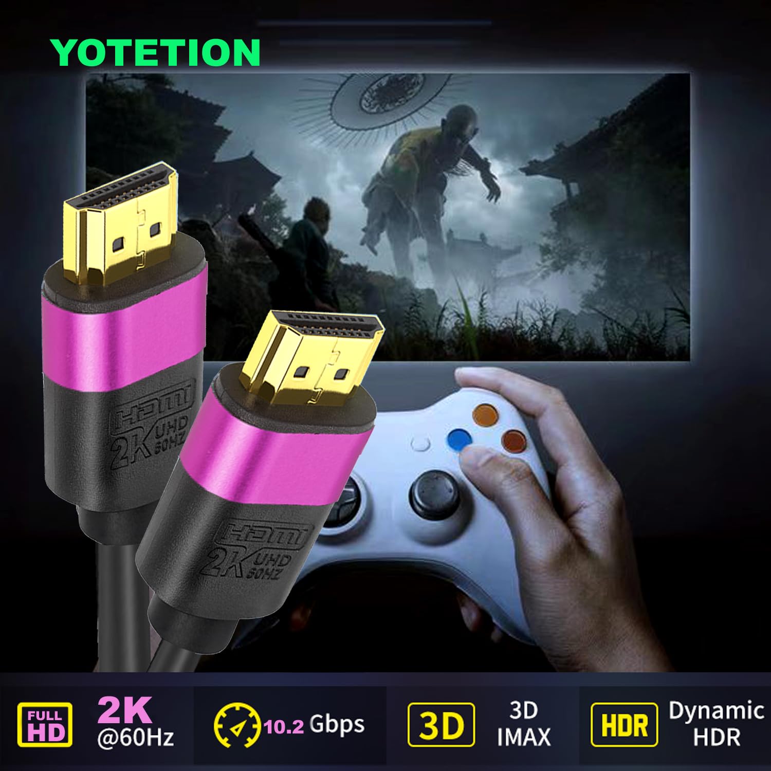 Cable HDMI de 80 pies, cable HDMI largo de alta velocidad, conector dorado (morado) 2K @60Hz 1080P DTS:X, HDCP 2.2 y 2.3, HDR 10 compatible con Roku TV/PS5/HDTV/Blu-ray
