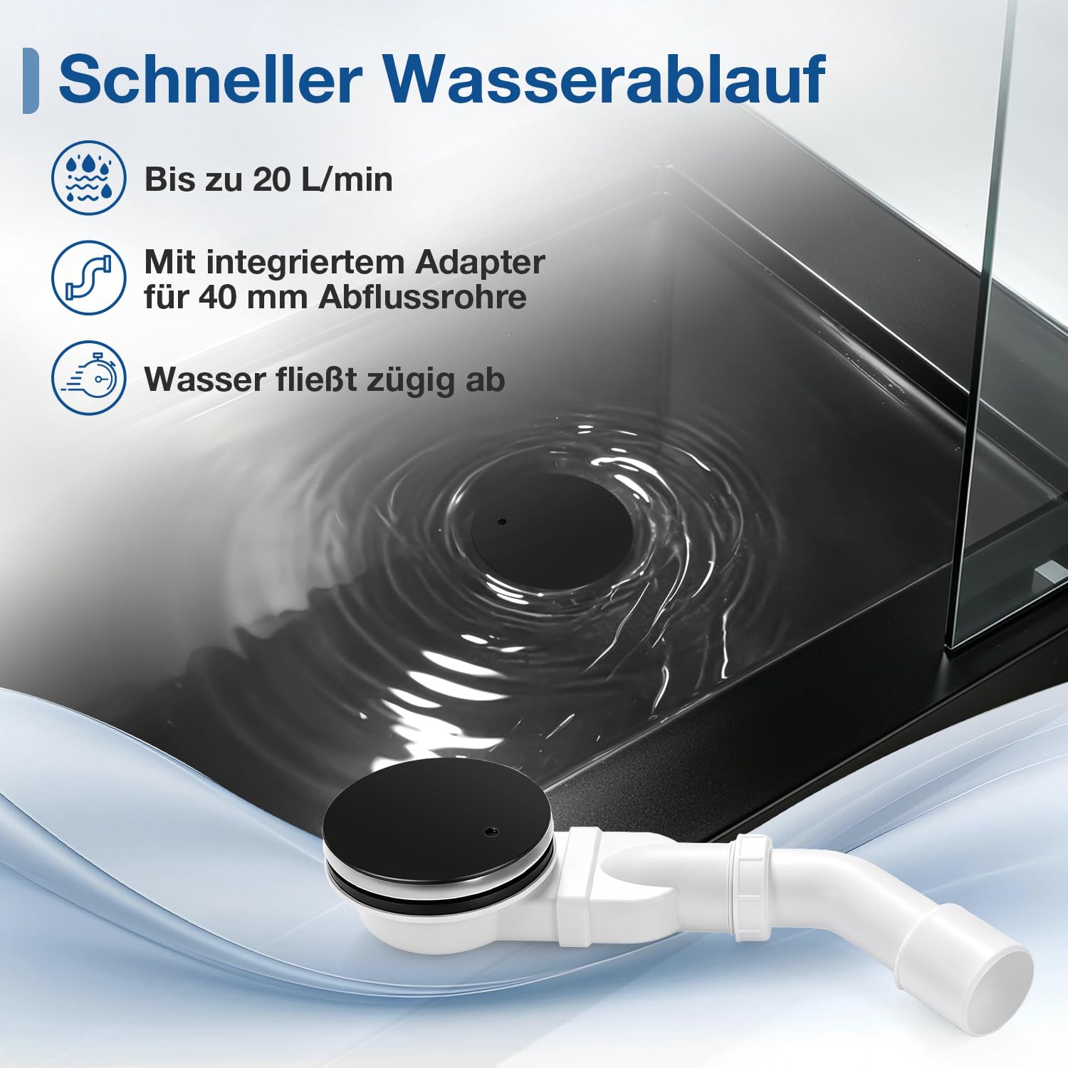 Bonde de douche Ø 90 mm noir mat pour receveur de douche en ABS