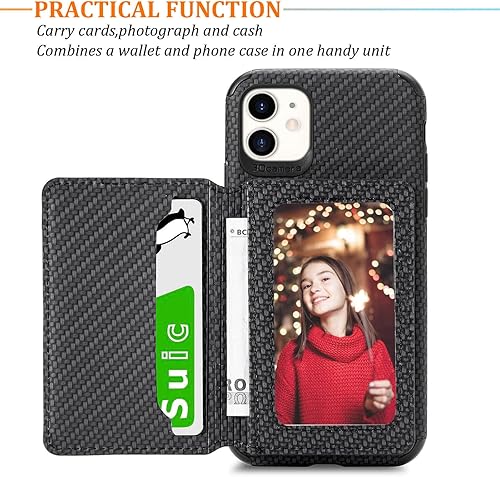 Miniatura 7 de JanCalm Funda para iPhone 11 con tarjetero, función atril para iPhone 11, bloqueo RFID, protector de cámara, funda protectora de piel sintética a