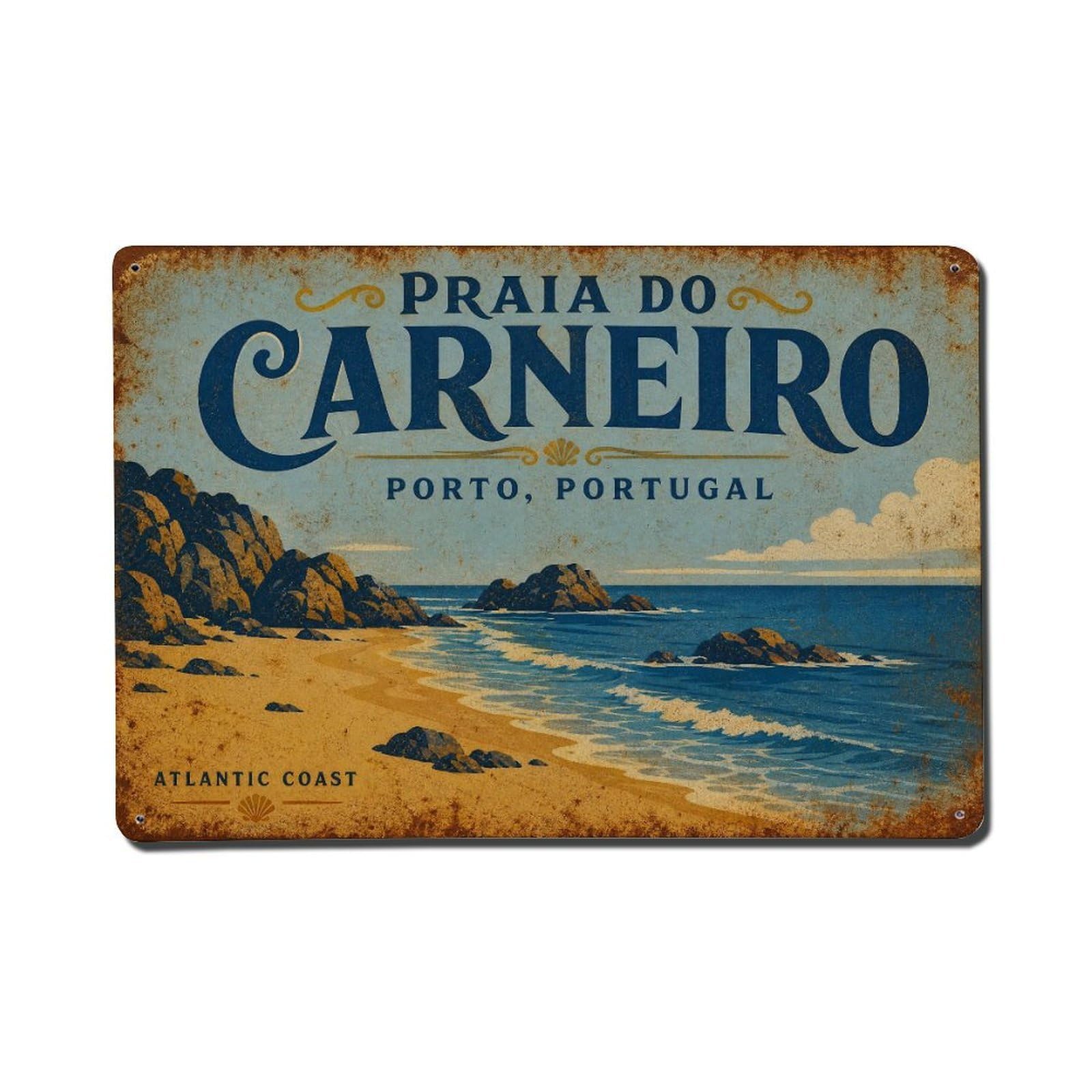 Vintage Travel Praia Carneiro Beach Coastal Scene Portugal Metal Tin Sign