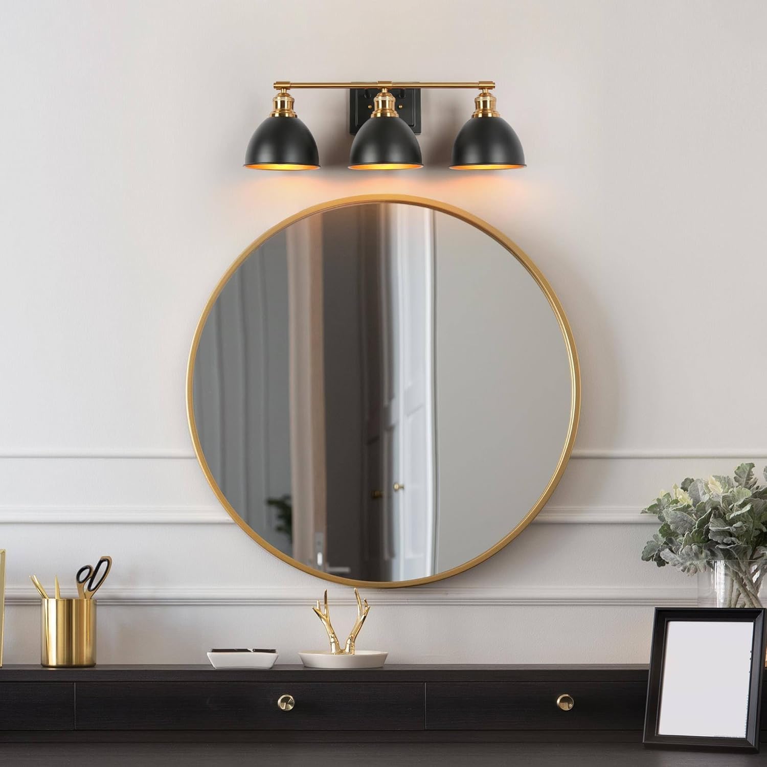 KSANA Black and Gold Bathroom Light Fixture, Modern 3-Light Vanity Light with Dome Metal Shade, Modern Farmhouse Vanity Lighting Over Mirror