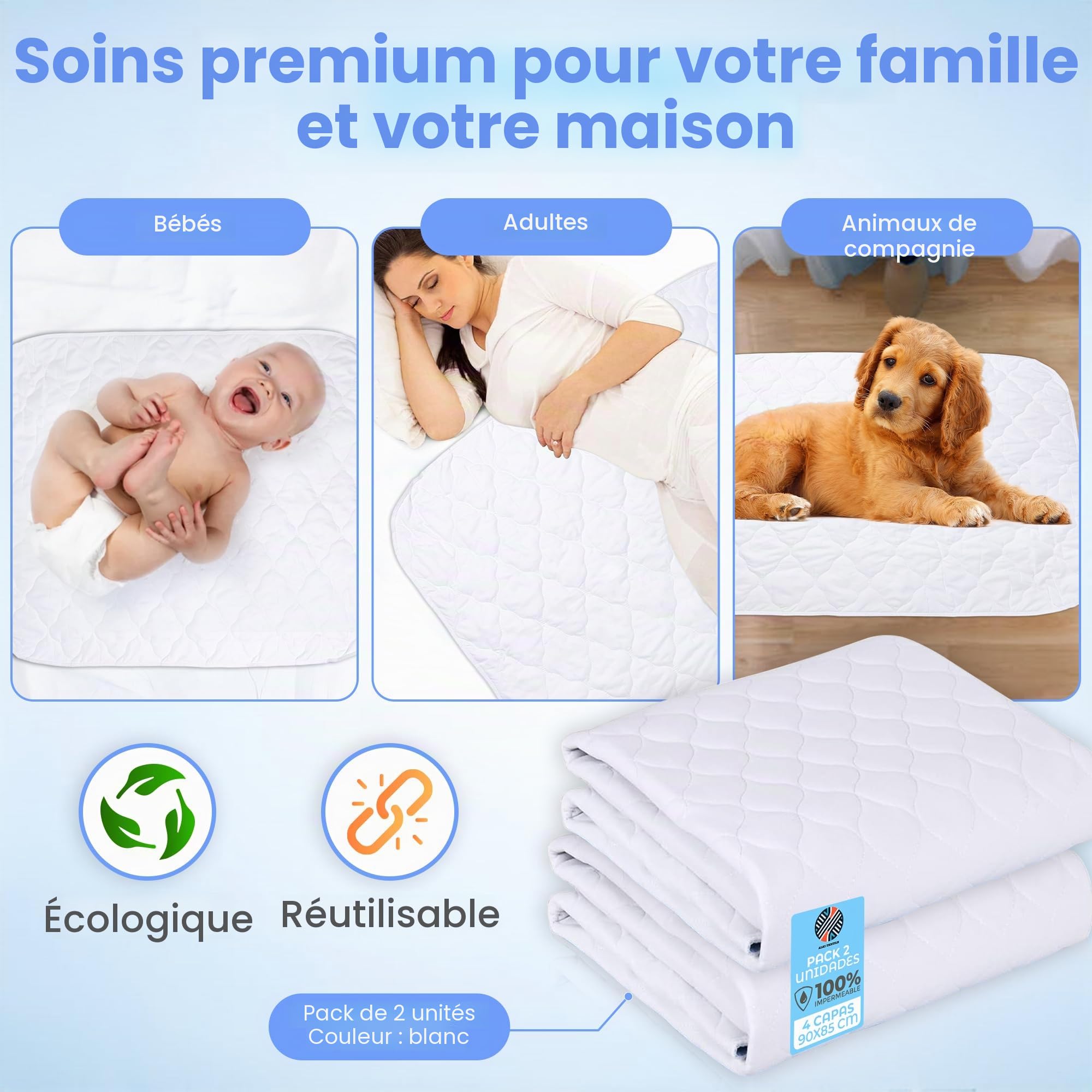 Lot de 2 alèses blancs lavables 90 x 85 cm 4 couches Protège-lit réutilisable Fabriqué en Espagne Idéal pour enfants, matelas bébé et animaux