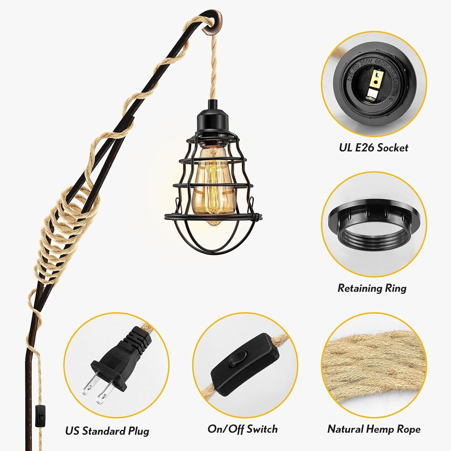 Plug in Pendant Light Cord, 15FT Hemp Rope Plugin Hanging Light Cord Kit with On/Off Switch, E26 E27 Light SocketCord, Bulb NOT Included
