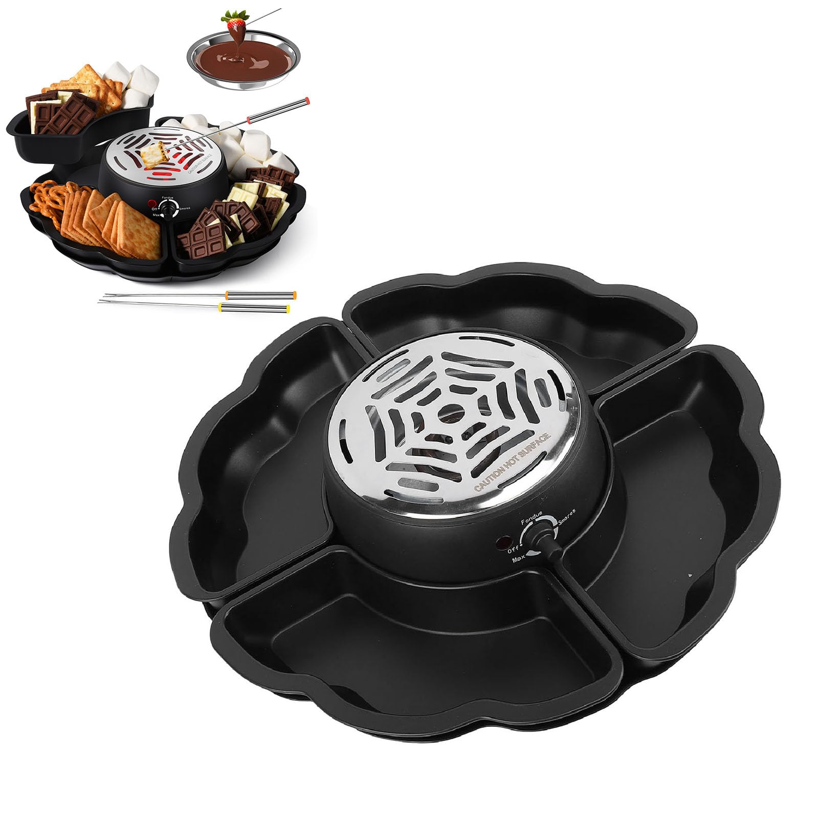 Juego de Ollas Eléctricas para Fondue, Olla para Fondue de Chocolate con 4 Tenedores para Asar y 4 Bandejas para Servir Desmontables, Tostador Eléctrico Smores, Adecuado para