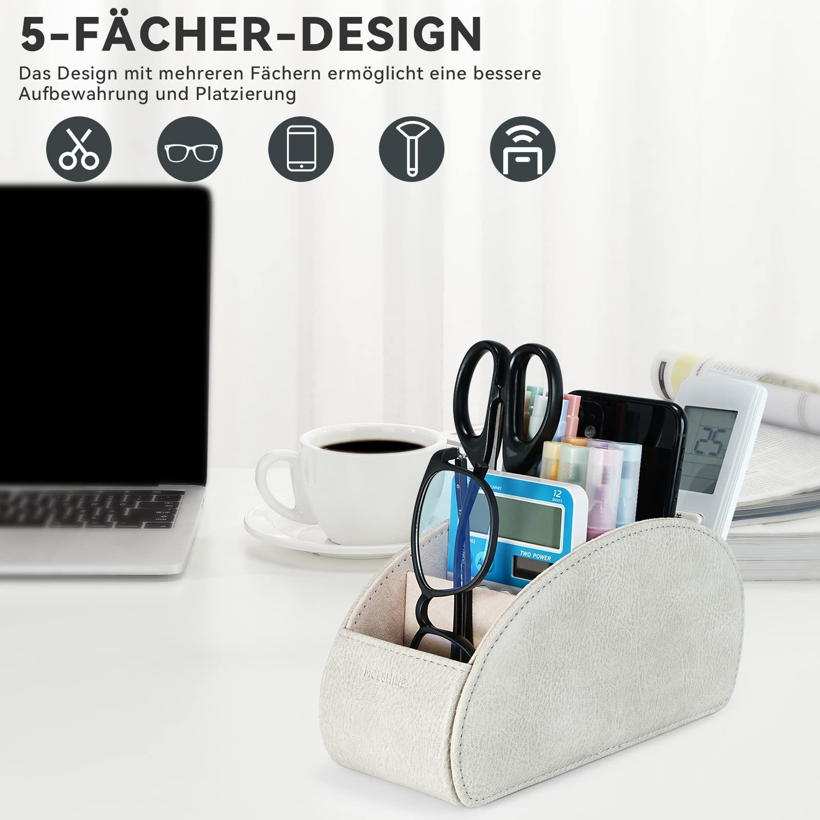 molshine Porta Telecomandi con 5 scomparti,Pelle PU Organizzazione Ufficio di Stoccaggio Caddy Box per Tv Remote,Media Player,Forniture per ufficio,Pennello di trucco (Grigio Chiaro)