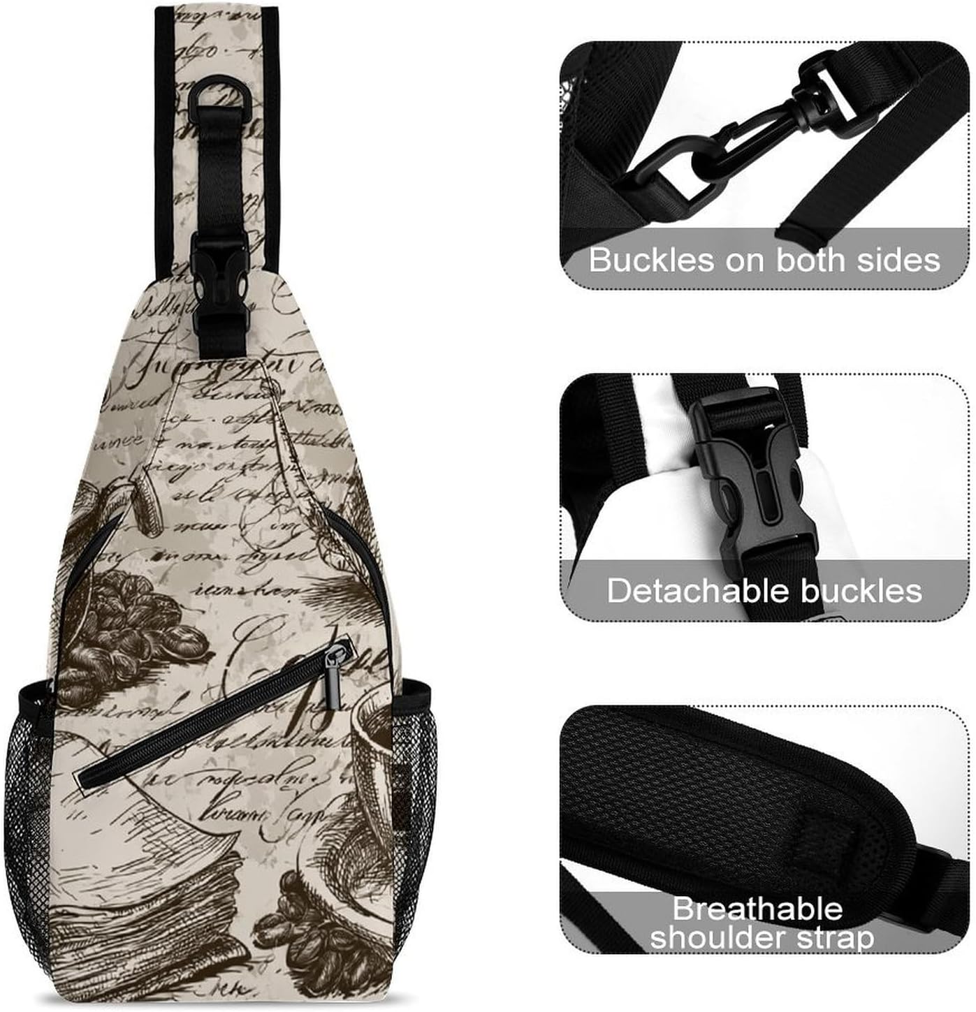 Coffee-themed Print Sling Crossbody Bag Lightweight Chest Shoulder Backpack for Outdoor Sports