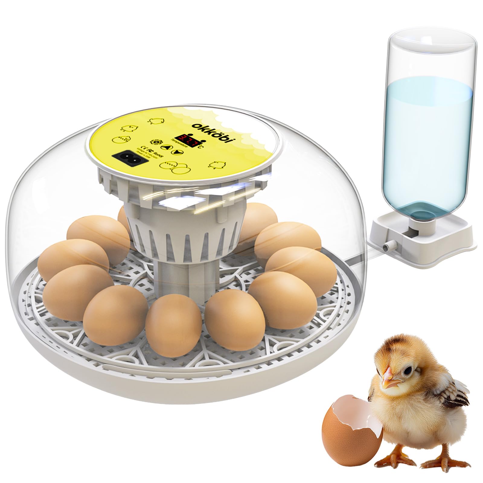 Okkobi M12 - Incubadora Huevos Gallina Automática - Volteo Automático y Control de Humedad - 12/24 huevos, Vista 360°, fácil de usar y limpiar - Chocadeira Ovos Automática - Blanco y amarillo