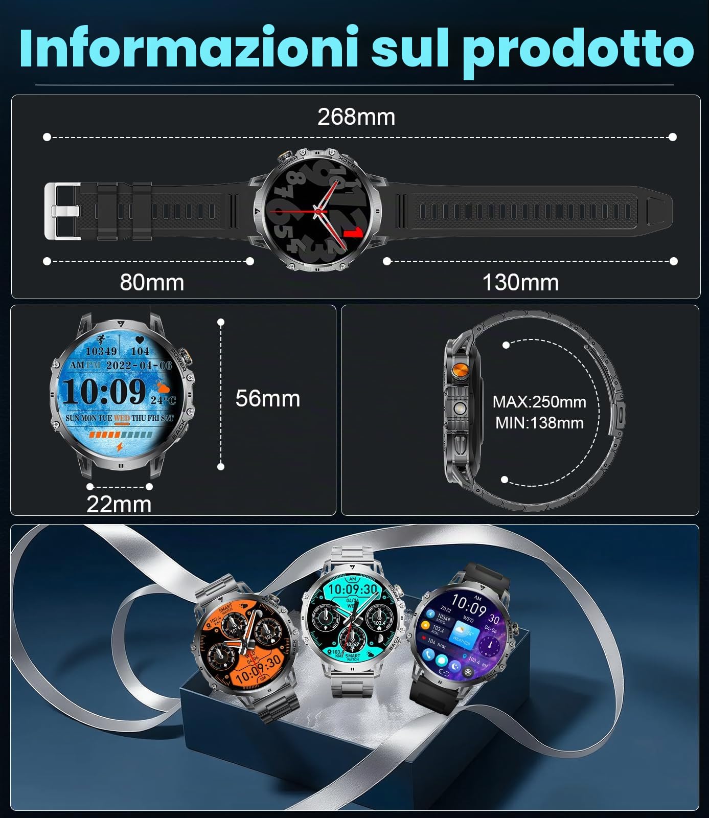 Smartwatch Uomo con 1000 mAh Batteria, 1.85" Militari Orologio Smart Watch Torcia LED, Chiamate Bluetooth/110+ Modalità Sportive, 24H Frequenza Cardiaca/Sonno, IP68 Android iOS Nero