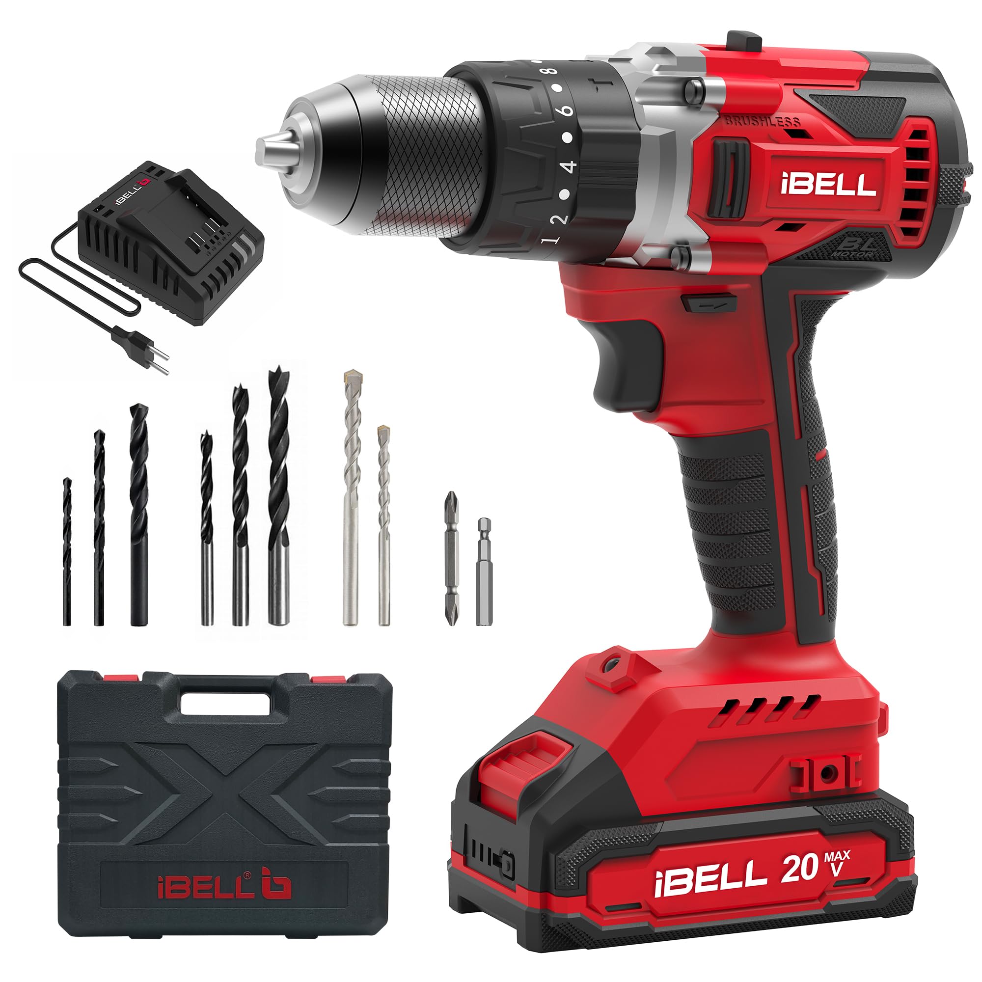 iBELL BD20-80 2Ah (BMC) One Power Series 20V Cordless Impact Drill Brushless | Max 80Nm Torque | 1750 RPM Speed | 13mm Heavy-Duty Metal Keyless Chuck | 20+3 Clutch Settings | LED Light-image-9