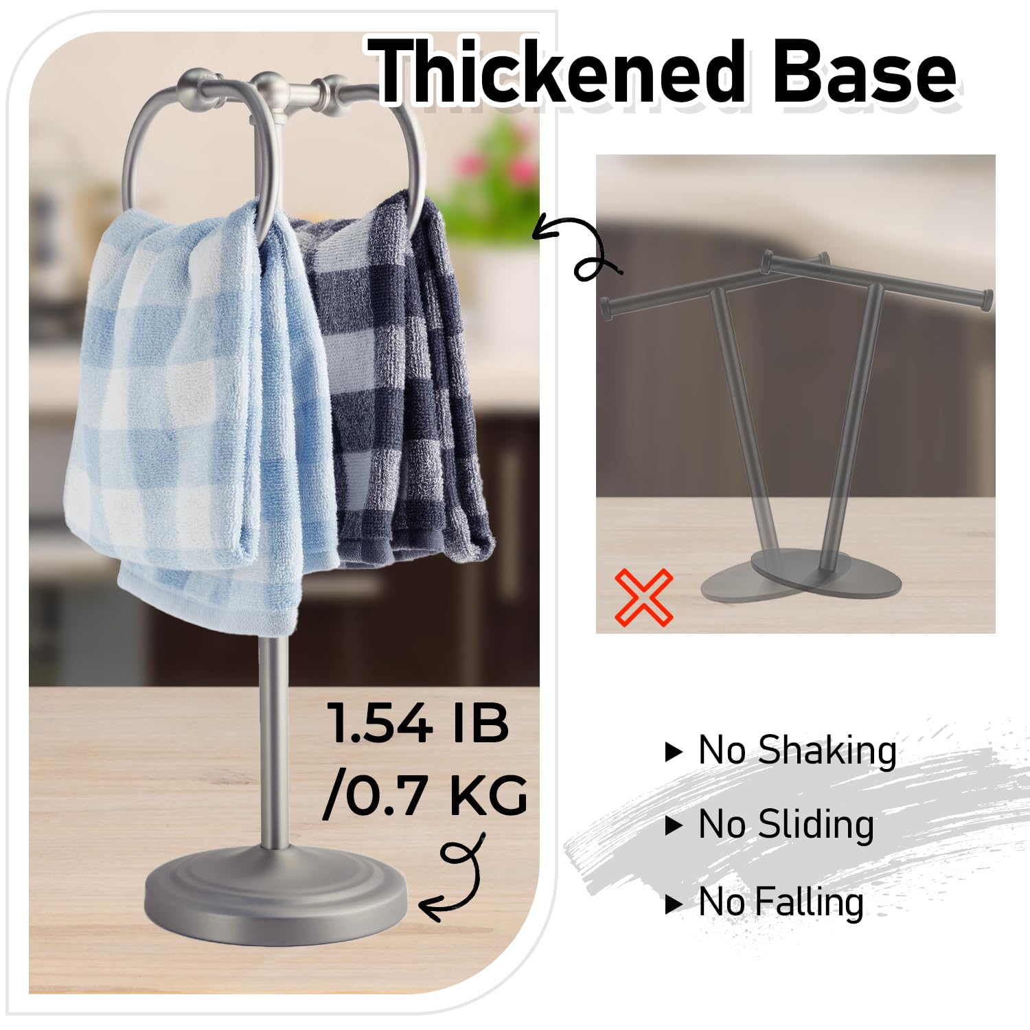 Toallero de mano de acero inoxidable de 44 cm, doble soporte, para paños o paños de cocina, base antideslizante, toallero de pie para baño, cocina (cepillado)