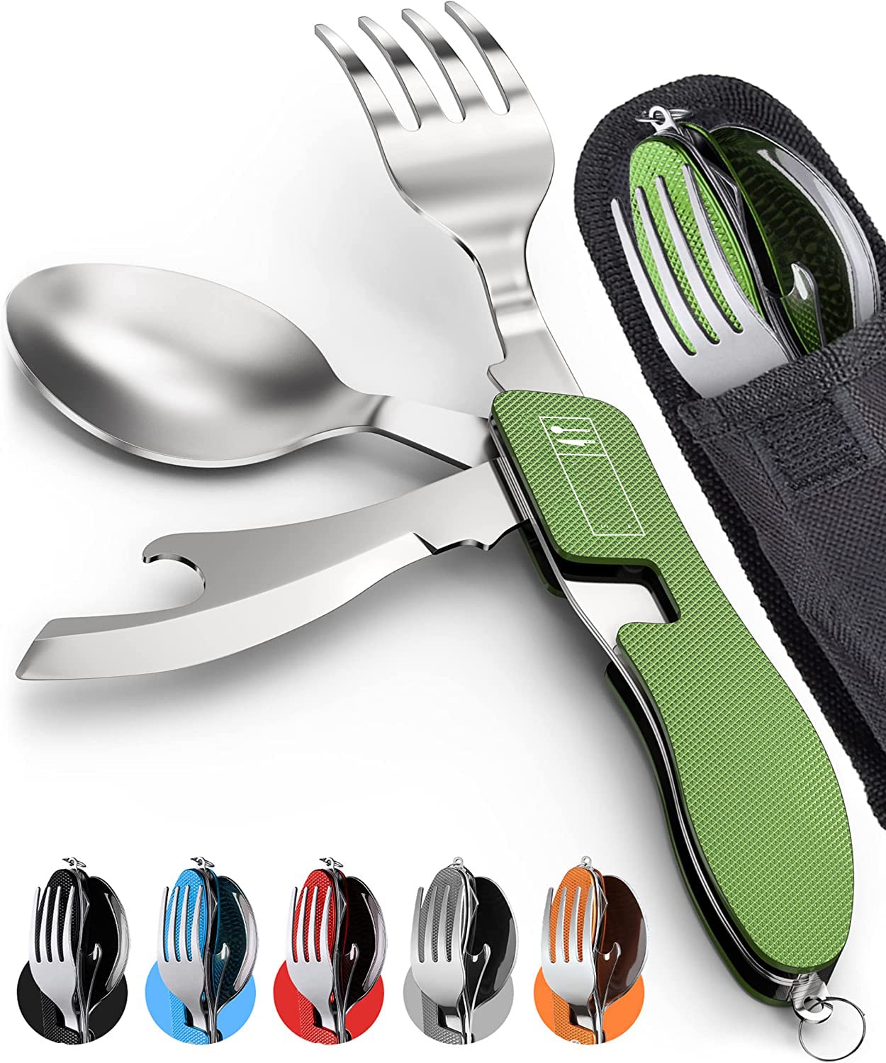 SYOSI Folding Camping Utensils Cutlery Set, 2Pcs 4-in-1 Stainless Steel Spoon Fork Knife Bottle Opener Set Detachable Tableware Pocket Kits Backpacking Cutlery Multitool, for Camping, Travel