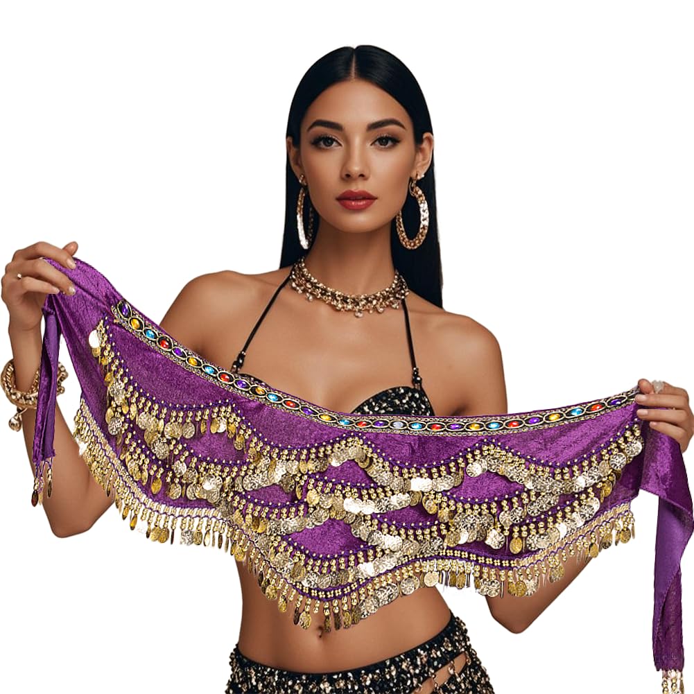 Leemiman Women's Purple Belly Dance Hip Scarf For Dancing 328 Coin Belt (Purple)