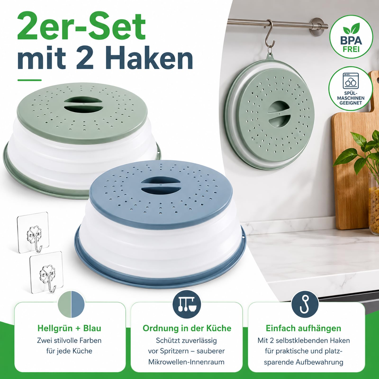 2 Piezas Tapa Microondas Plegable Con Ganchos, Para Salpicaduras, Frutas, Verduras (Gris, Azul)