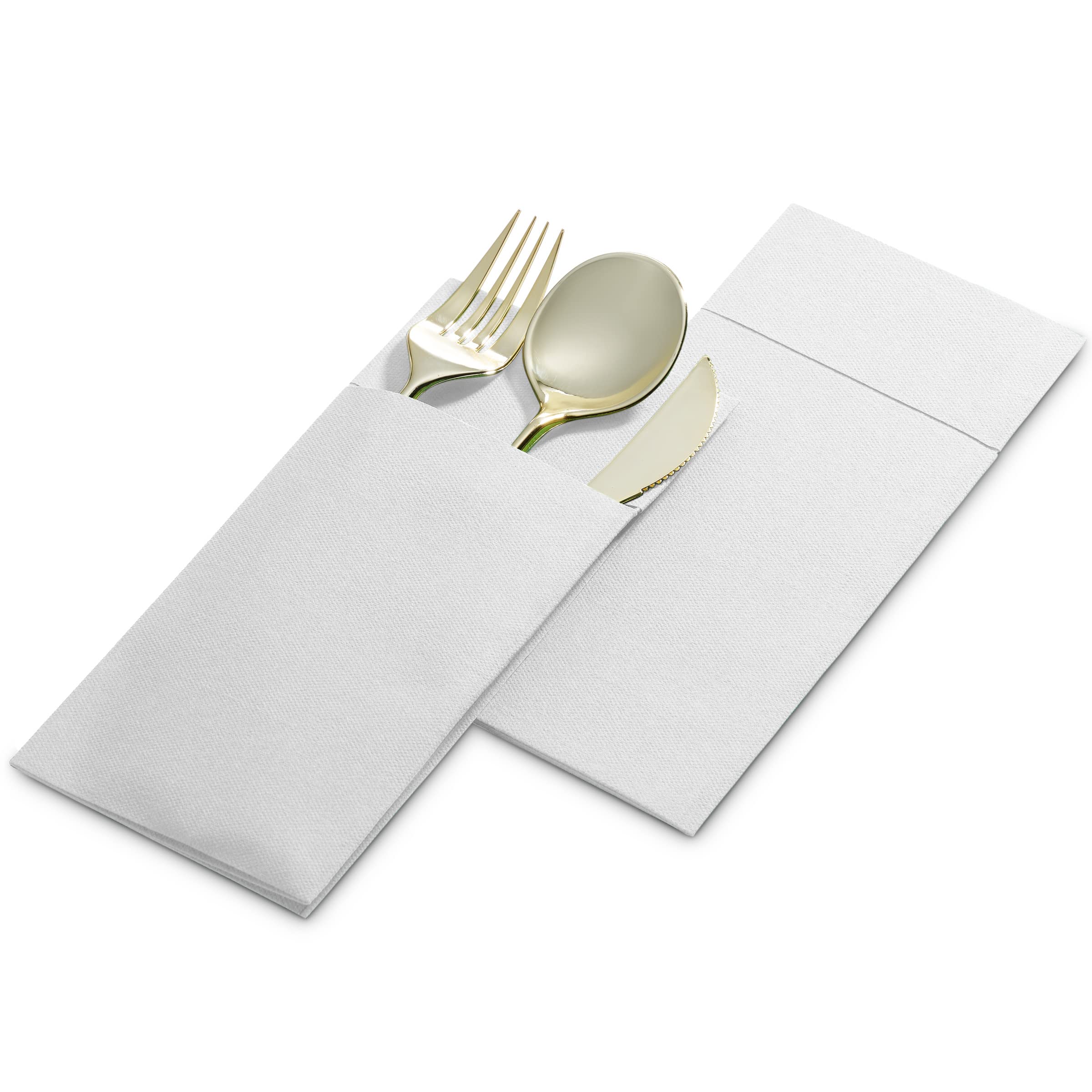 Weiße Einweg-Servietten 40x40 Cm Mit Bestecktasche - 150 Stück, Leinenoptik Für Hochzeit & Events