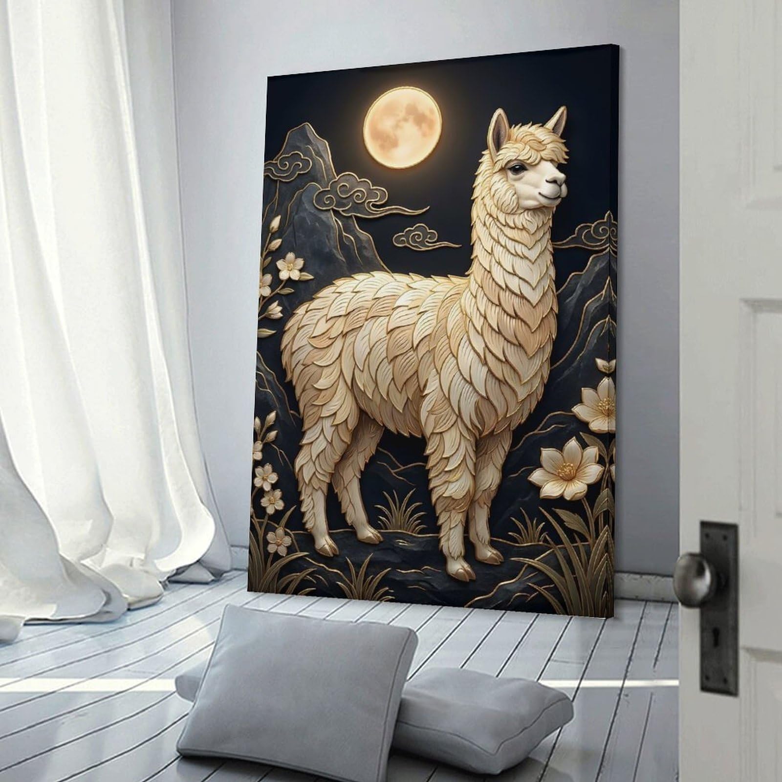 Junmoney Golden Alpaca Under The Moon Wall Picture Print 08x12inch(20x30cm), for Corridors, Hallways Or Apartment Entries, Decorative Canvas Styling for Entry Areas