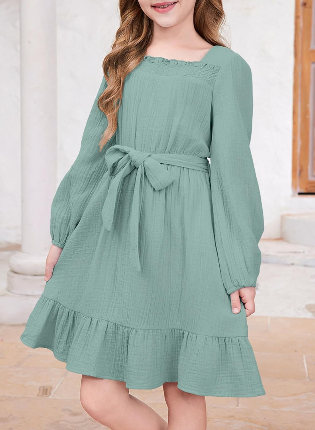 blibean Girls Cotton Long Sleeve Dresses Ruffled Semi Formal Dress Size 6-15 Years - Image 3