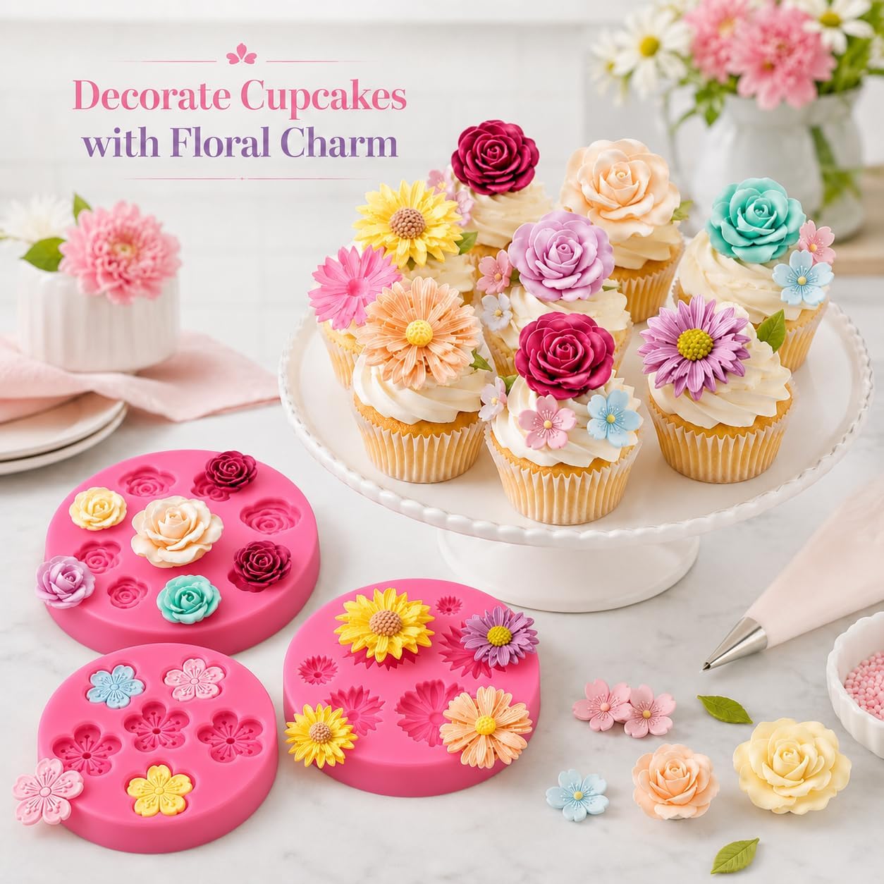 3 Pcs Flower Silicone Molds Set, Chocolate Mold Rose Daisy Cherry Blossom Food-Grade Silicone Mold for Baking Chocolate Fondant Molds Candy Cake Decor Cupcake Jello Soap Polymer Clay Resin