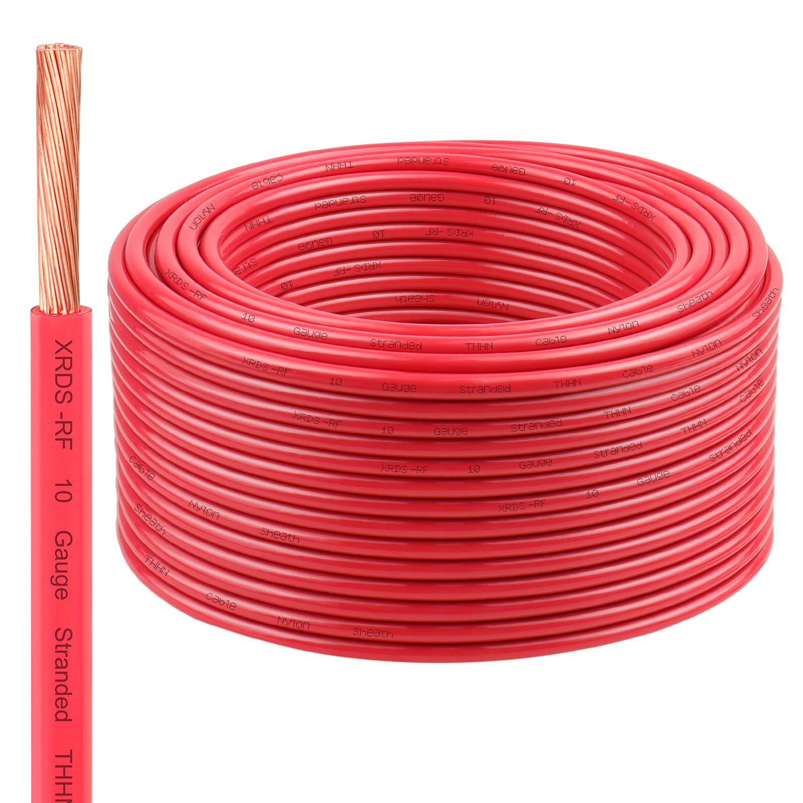 XRDS -RF 10 Gauge THHN Wire, 200FT Red Stranded Copper Electrical Wire, 600V, Heat & Oil Resistant, Nylon Sheath Building Wire for Indoor/Outdoor Use