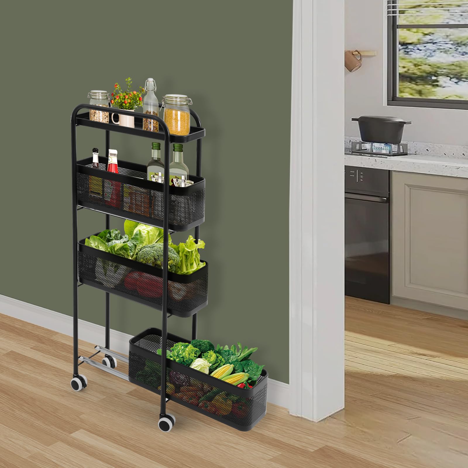 Carro enrollable estrecho 4 niveles, carro de almacenamiento para espacio estrecho, cajón deslizante, 15 cm, ancho, 4 ruedas, 2 frenadas, acero carbono, para cocina, cuarto de baño, sala de estar
