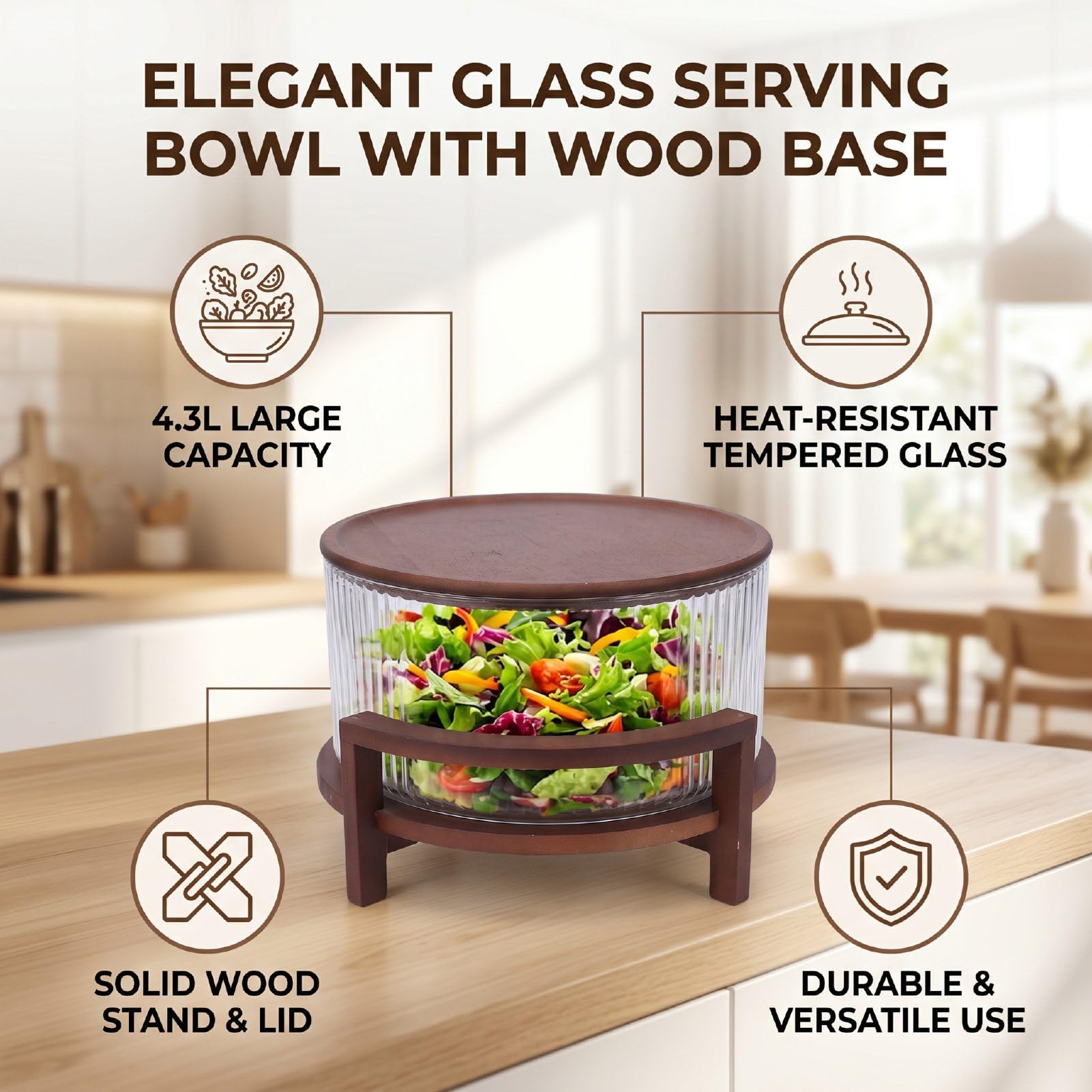 HEEPDD Juego de Ensaladera de Vidrio, Tazón de Vidrio a Prueba de Calor con Tapa y Soporte de Madera, Ensaladera Grande de 4,3 L para el Hogar, Comedor, Cocina, Mezclar Frutas, Fiestas de Pasta