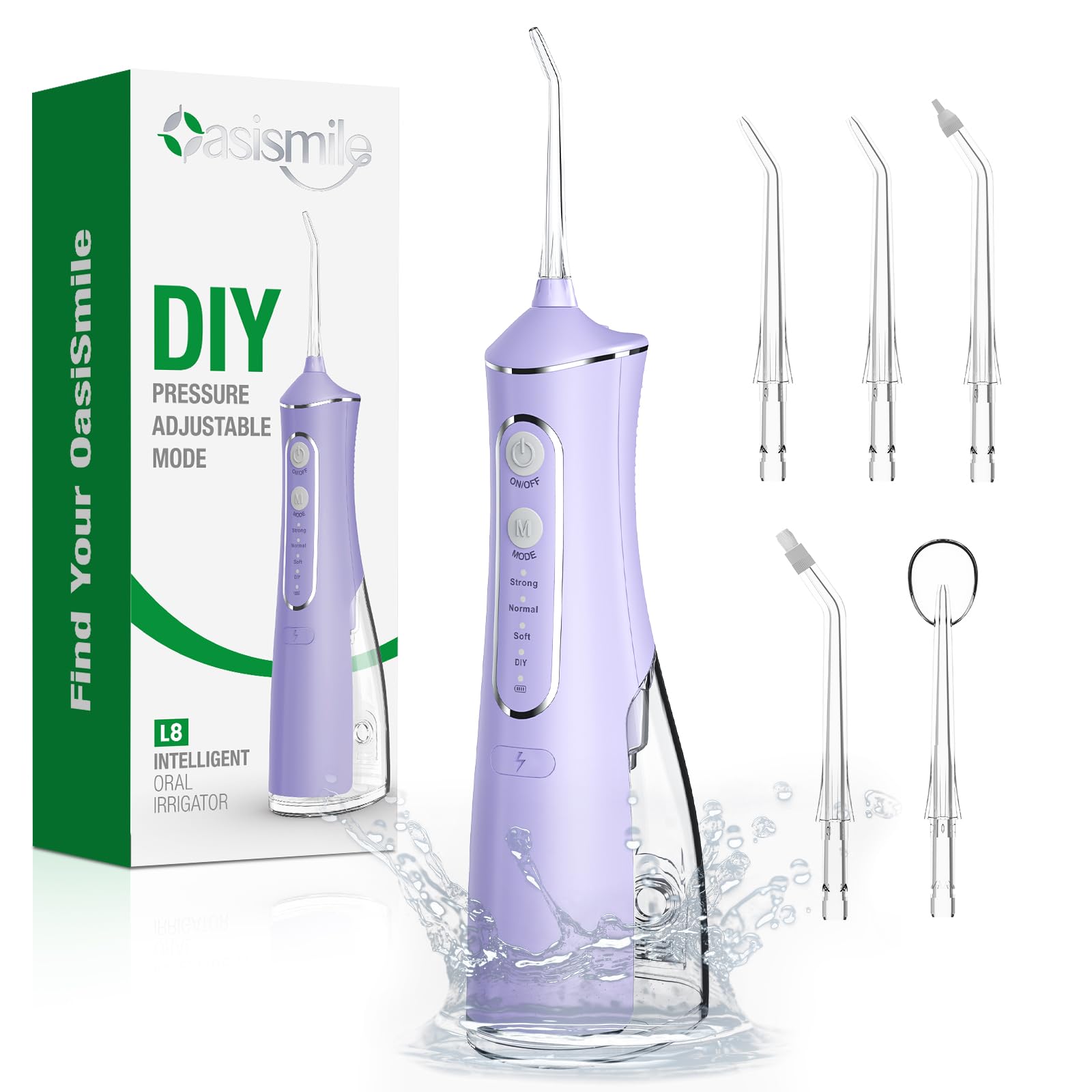 OasiSmile Jet Dentaire Hydropulseur: 5 Embouts Rotatifs 360°, 4 Modes & DIY Pression Réglable, Nettoyage Dents, Irrigateur Oral Étanche IPX7, Hydropulseur Portable 300 ML, Maison et Voyage, Violet