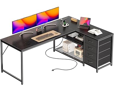PRAISUN 61" L Shaped Desk with Power Outlets and USB-C Port, Reversible Computer Corner Office Desk with 4 Fabric Drawers and 2 Height-Adjustable Shelves, Large for Gaming Writing Study, Rustic Brown