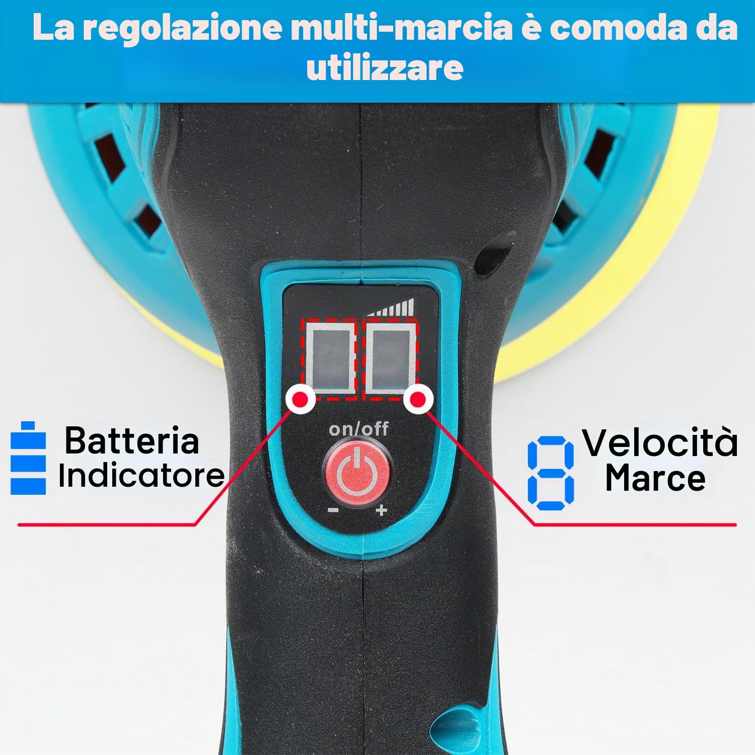 HERZO Lucidatrice a batteria 150 mm, tampone auto e lucidatrice, 6 velocità variabile, set di lucidatura auto, 2 batterie da 21 V 1,5 Ah, lucidatrice senza fili per la cura dell'auto, lucidatura, cera