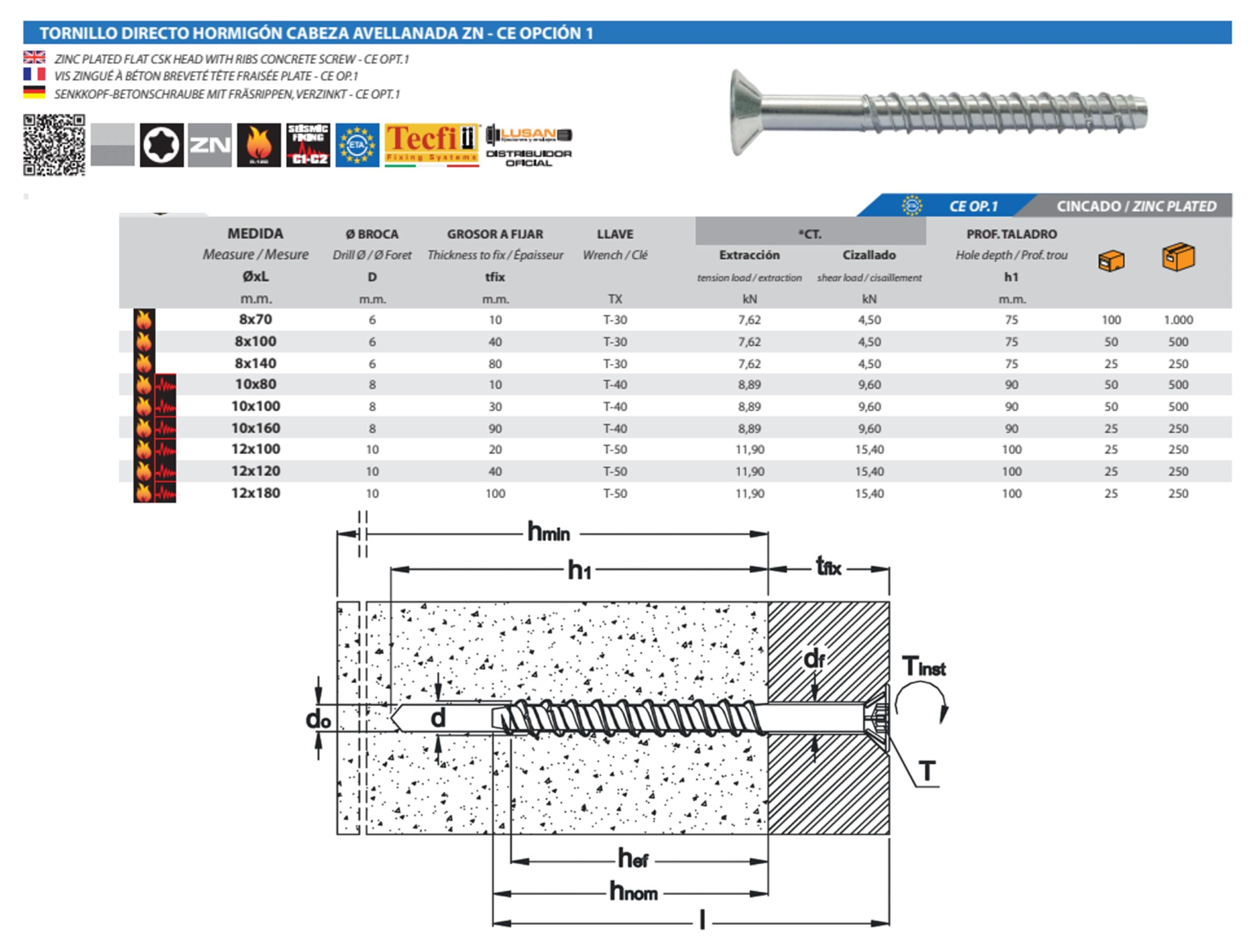 Bricoloco.com Tornillo cabeza avellanada para hormigón sin taco inserción directa a material. Fijaciones pesadas y duraderas. Resistente al fuego (100, 8x70 mm)