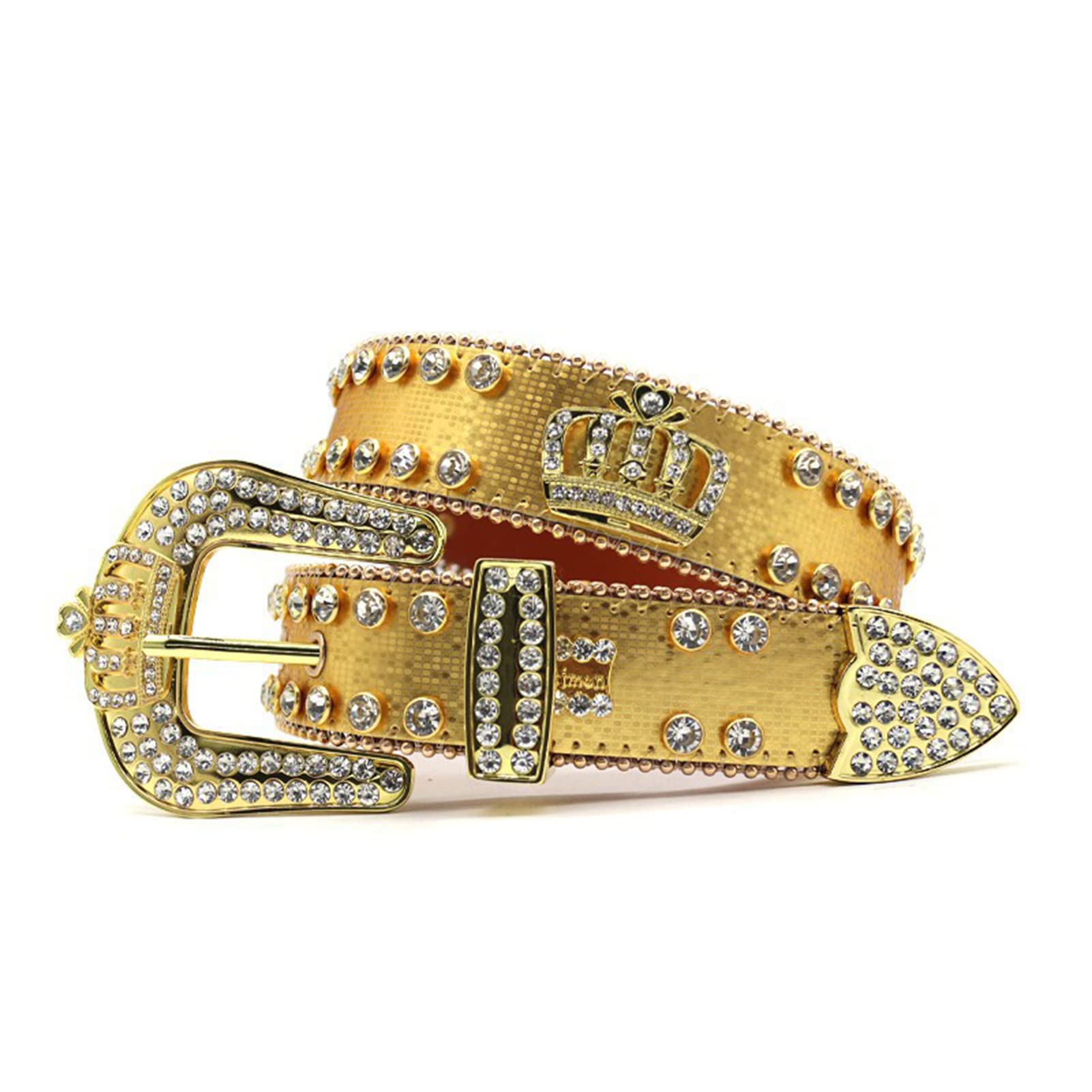 YOPADO Snap On Rhinestone Crown and Western Crystal Circle Studded Leather Belt, Men Western Cowgirl Bling Gold Waistband for Jeans(110cm/waist:37", Gold)