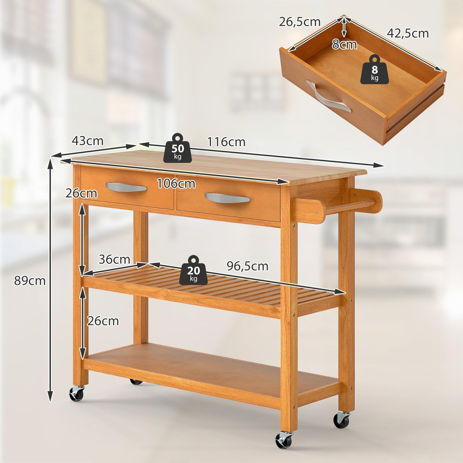 KOMFOTTEU Küchenwagen auf Rollen aus Holz, Servierwagen mit 2 Schubladen & 2 offenen Regalen, Mobile Kücheninsel mit seitlichem Handtuchhalter, für Esszimmer, Bar, 116 x 44 x 89 cm (Natur)