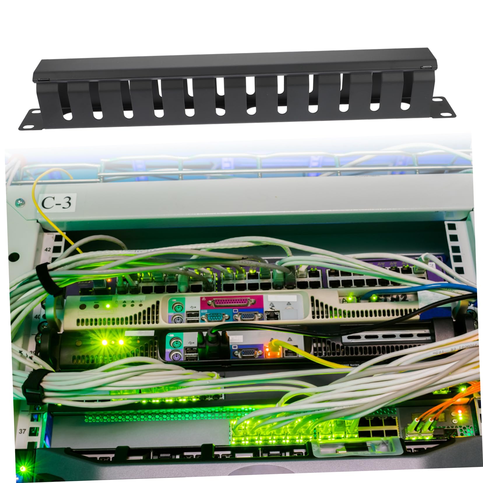 Gatuida Système de Gestion des Câbles Réseau pour Organiser Les Câbles Ordinateur Efficacement en Métal Noir Couvercle Amovible 12 Emplacements