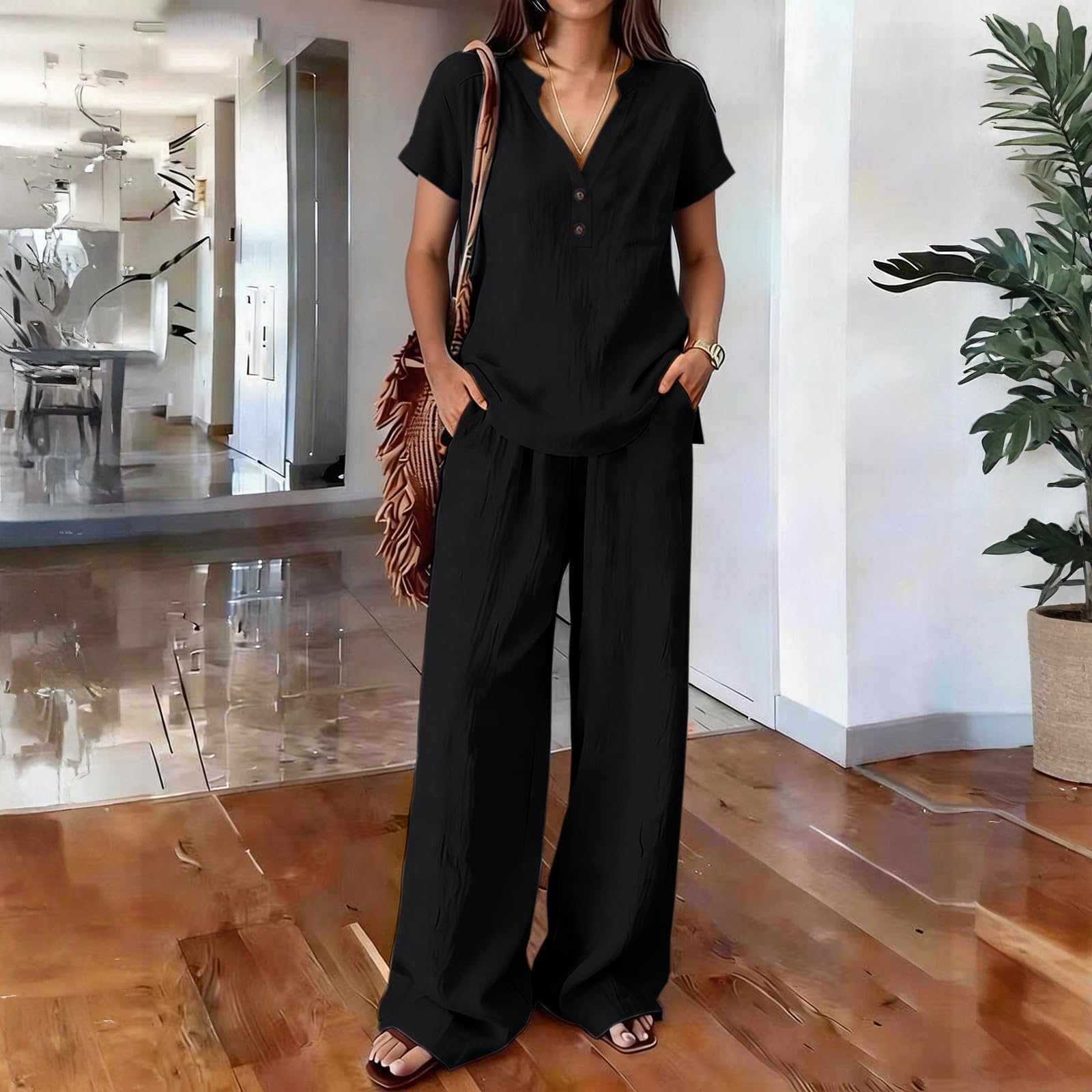 Ensemble Lin Femme Deux Pièces Chemise Manches Longues Col V Bouton Et Ample Taille Elastique Set Léger Décontracté Couleur Unie De Plage Loungewear Jogging Tunique Pantalon Chemise Haut Fluide