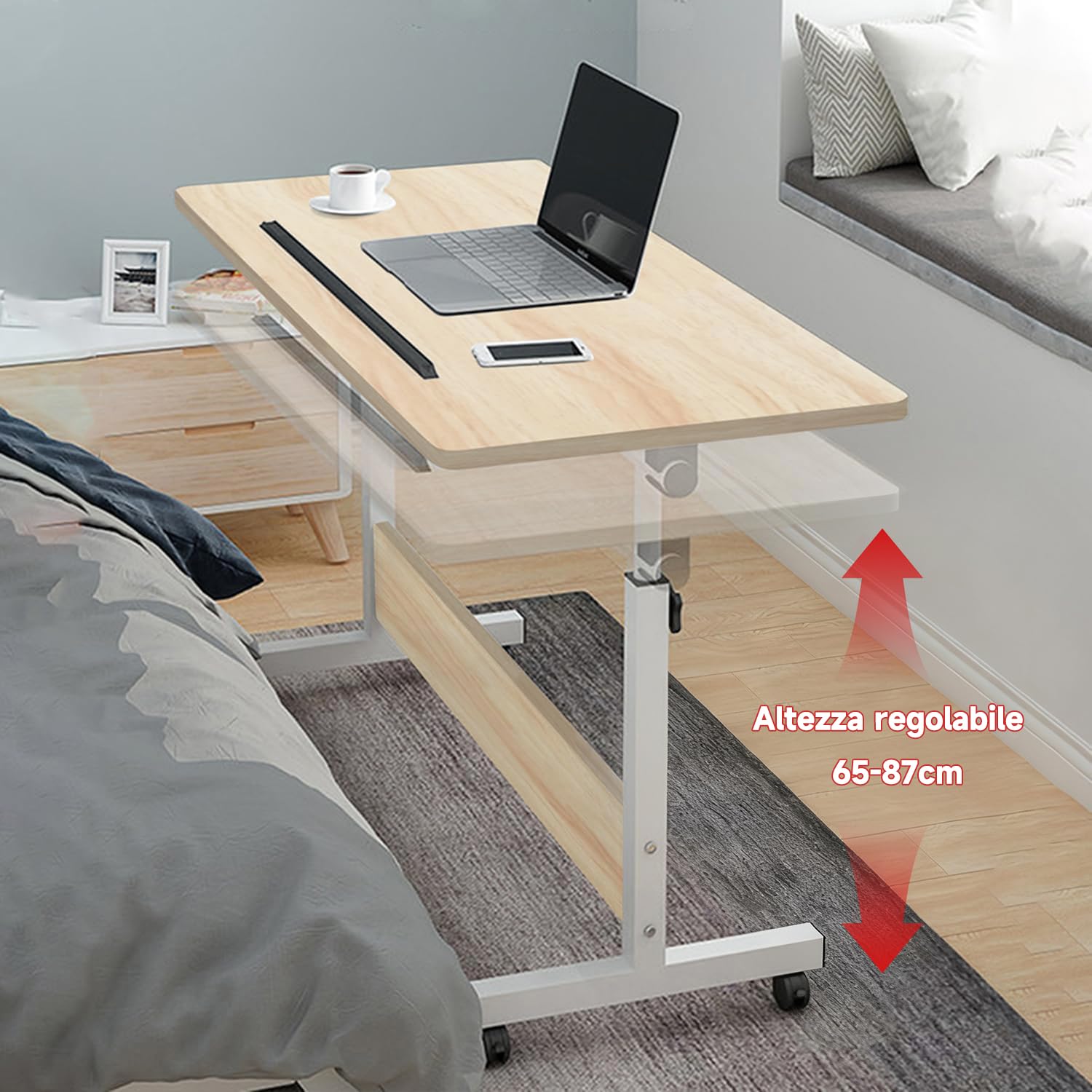 Scrivania Regolabile con Rotelle, Portatile per Laptop,Piccola Scrivania PC Ufficio Casa, 80x40 cm